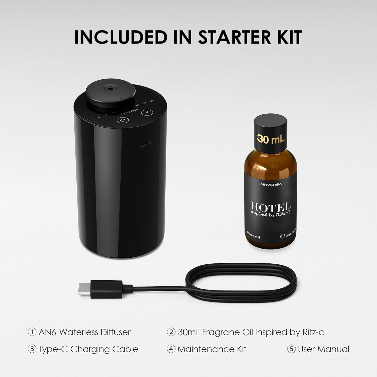 Airversa Waterless Essential Oil Diffuser Starter Kit with 30mL Hotel Fragrance Oil Inspired by Ritz-C., Battery Operated Car Diffuser, Portable Aroma Nebulizer for Home Car Office, AN6Kit-2, Black - Image 6