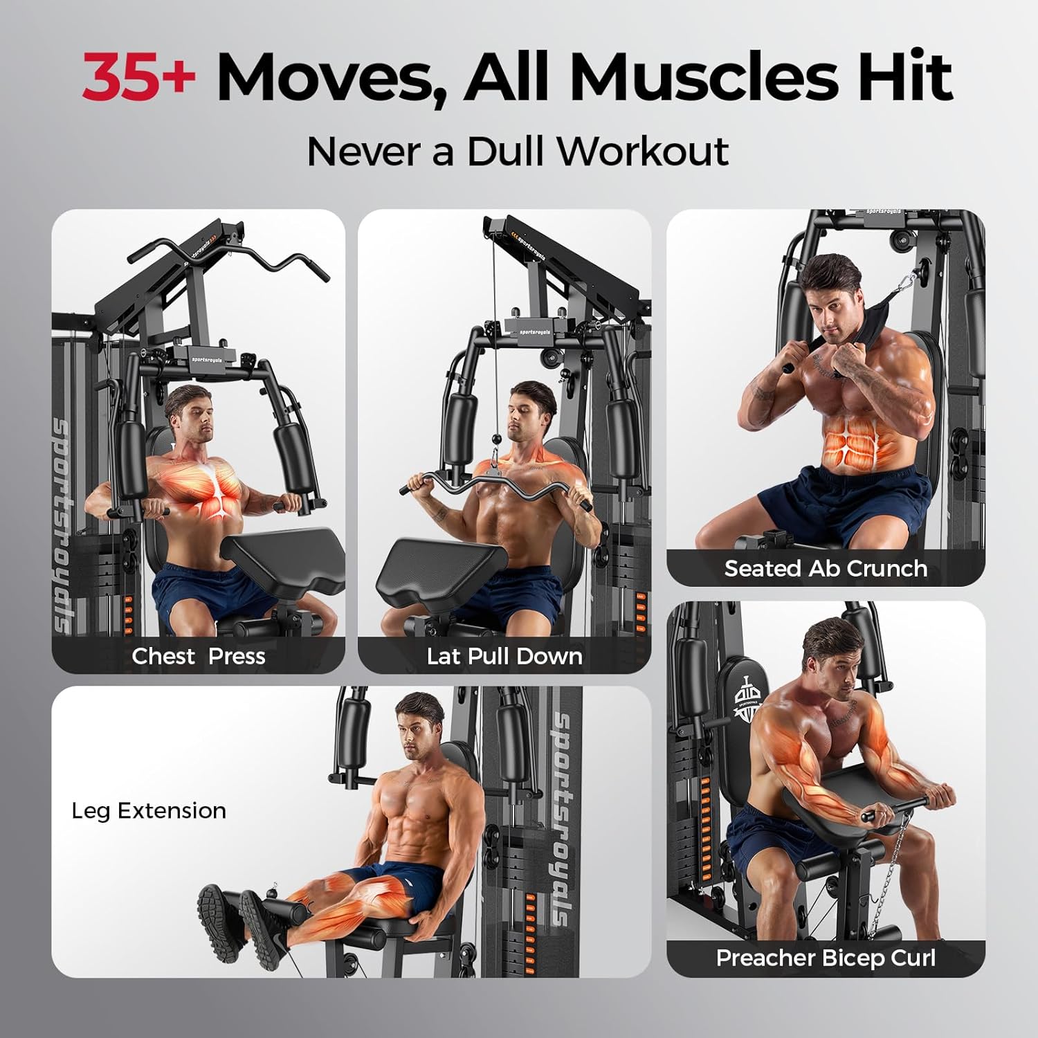 Sportsroyals Home Gym, Multifuntional Workout Station with 150LBS Weight Stack, Full Body Workout Equipment for Home Exercise Fitness - Image 5