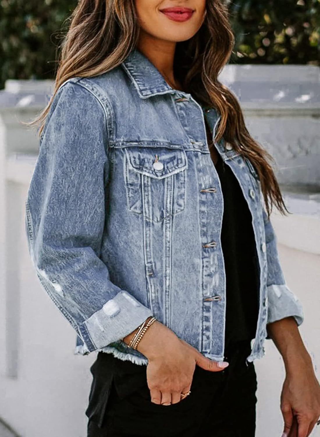 EVALESS Womens Boyfriend Washed Crop Denim Jean Jacket Coat - Image 4