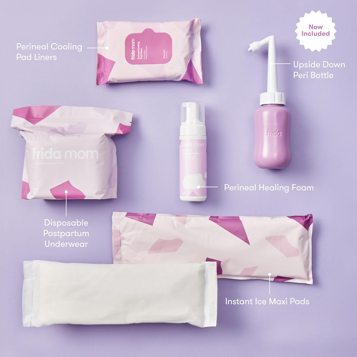 Frida Mom 11pc Postpartum Essentials Kit Gift Set, Hospital Bag Must Haves for New Mom, Includes 4 Disposable Postpartum Underwear, 4 Ice Maxi Pads, Perineal Healing Foam & 24 Pad Liners & Peri Bottle - Image 2