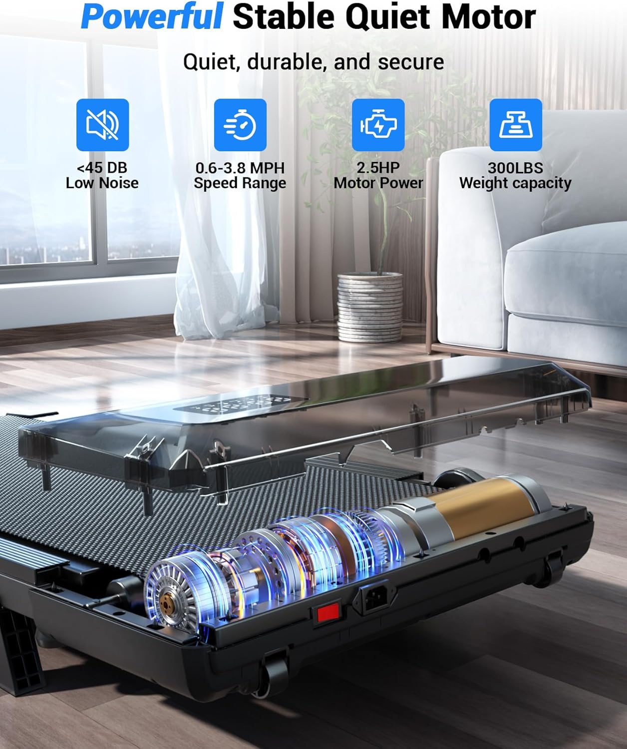 DeerRun Walking Pad Treadmill with 6% Manual Incline, Under Desk Treadmill for Home Office & Small Spaces, 0.6–3.8 MPH, 2.5 HP, 300 lb Capacity, App & Remote Control - Image 4