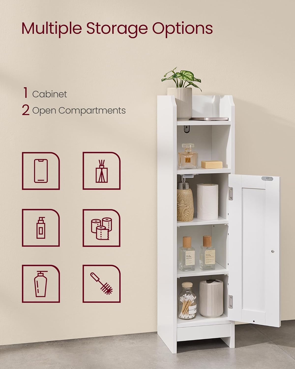 VASAGLE Small Storage Corner Floor Cabinet with Door, 7.9 x 7.1 x 31.5 Inches, Narrow Toilet Paper Storage Holder, Adjustable Shelves, for Bathroom, Living Room, Small Spaces, Cloud White UBBC310W01 - Image 4