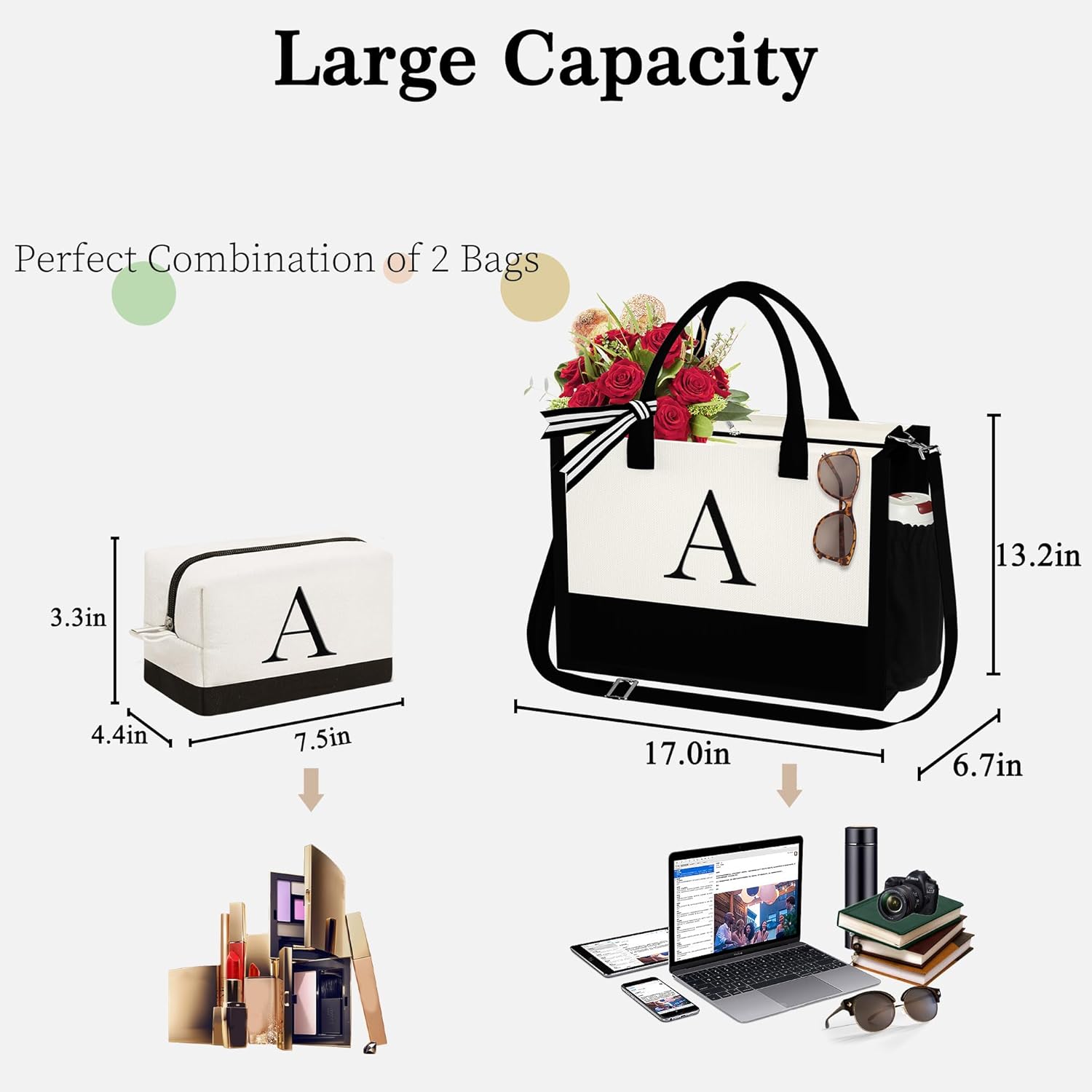 YOOLIFE Gifts for Women - Initial Canvas Tote Bag & Makeup Bag, Birthday Gifts for Women Mom Sister Friends - Image 3