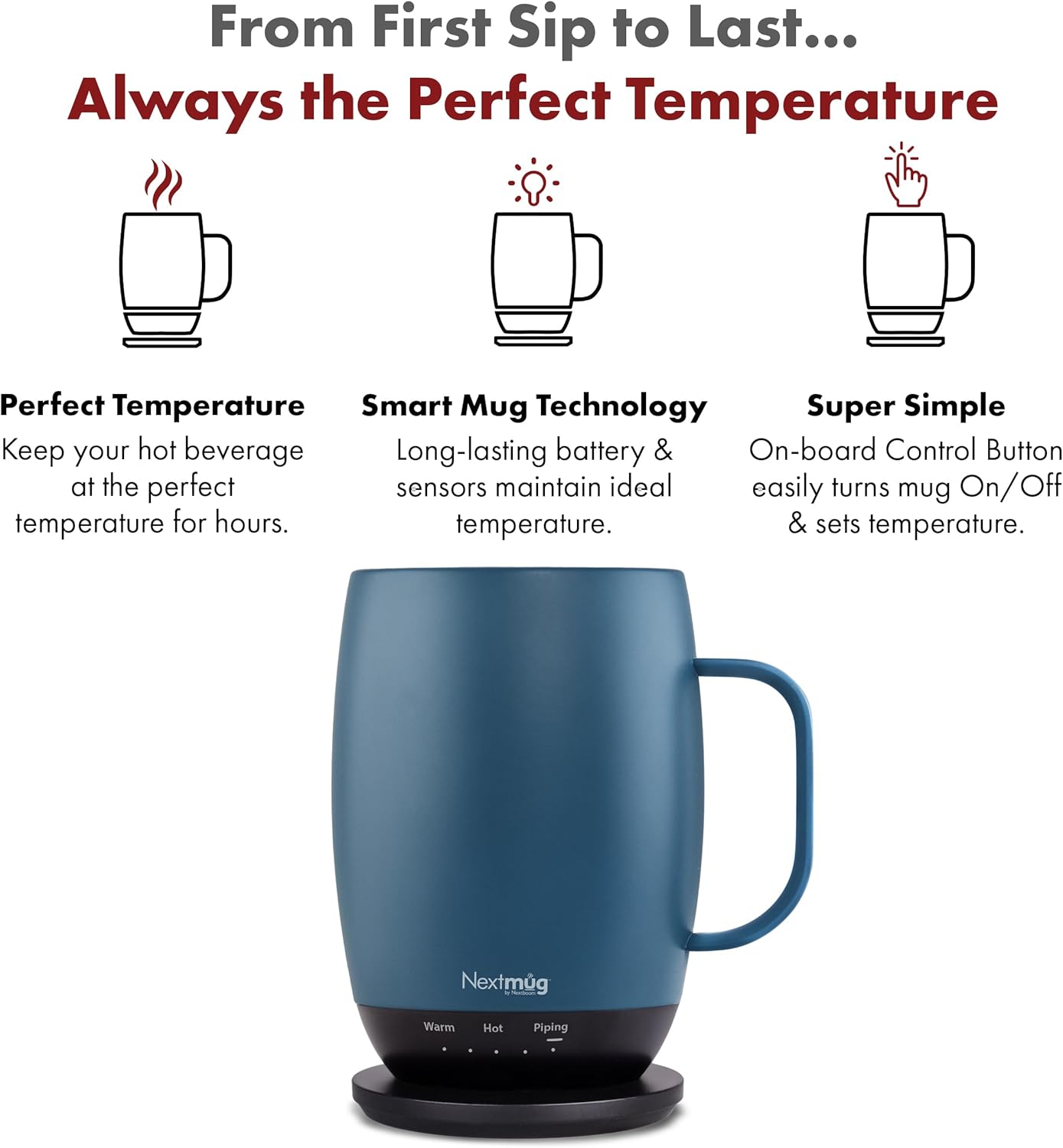 Nextmug Plus (Slate Blue - 18 oz.) Temperature-Controlled, Self-Heating Mug – No App, Long-Lasting Battery for Work & Study, Great Gift for Coffee Lovers - Image 2