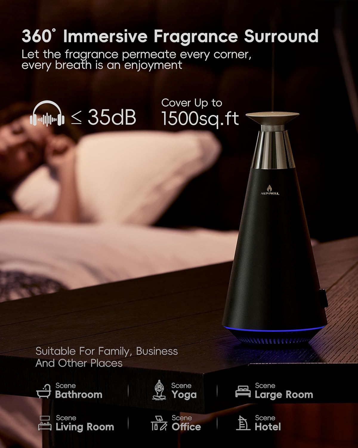 Wireless Rechargeable Waterless Scent Diffuser Starter Kit - 1500 Sq Ft Coverage,Alloy Atomization System,Mood Light, Hotel Scent Diffuser, Including 120ml Essential Oil, for Home,Large Room,Spa,Black - Image 7