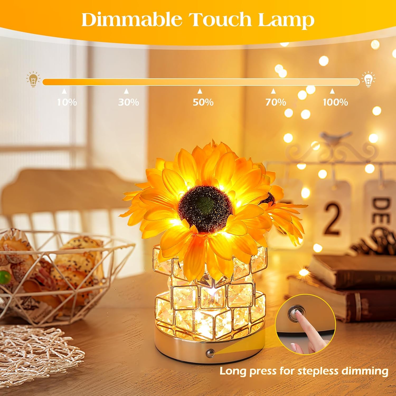 Sunflowers Flower Lamp,Rechargeable Cordless Touch Table Lamp,3-Colour Infinitely Dimming Small Night Light,Festival Restaurant Bedroom Bar Coffee Shop Birthday Gifts for Women Mom - Image 2