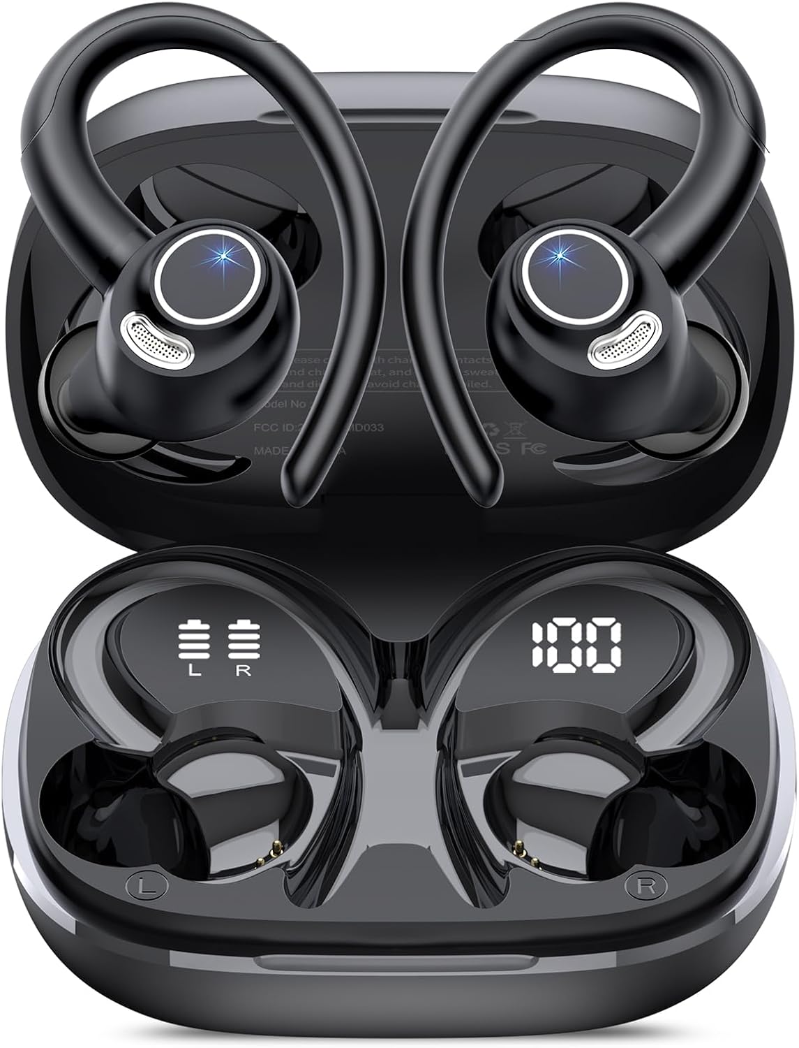 Wireless Earbuds, Bluetooth 5.4 Headphones Sport, Over Ear Buds With ENC Noise Cancelling Mic, 48H, Wireless Earphone With Earhooks, Stereo Deep Bass, IP7 Waterproof ear bud for Workout Running, Black
