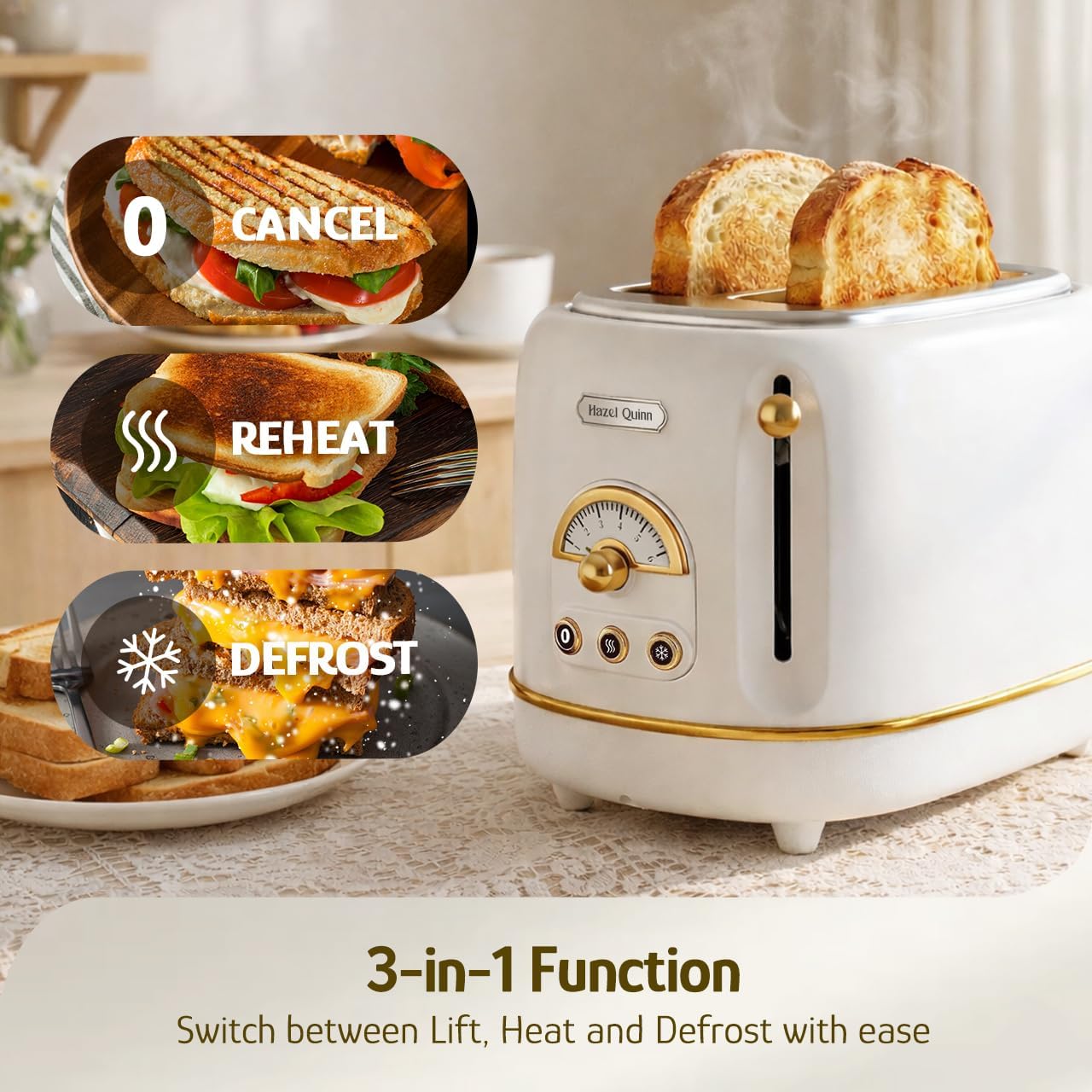 Hazel Quinn 2-Slice Retro Toaster, 6 Browning Levels, 3 Functions-Defrost/Reheat/Cancel, Removable Crumb Tray for Easy to Clean, 1.5 Inches Extra Wide Slots - Pearl White - Image 3