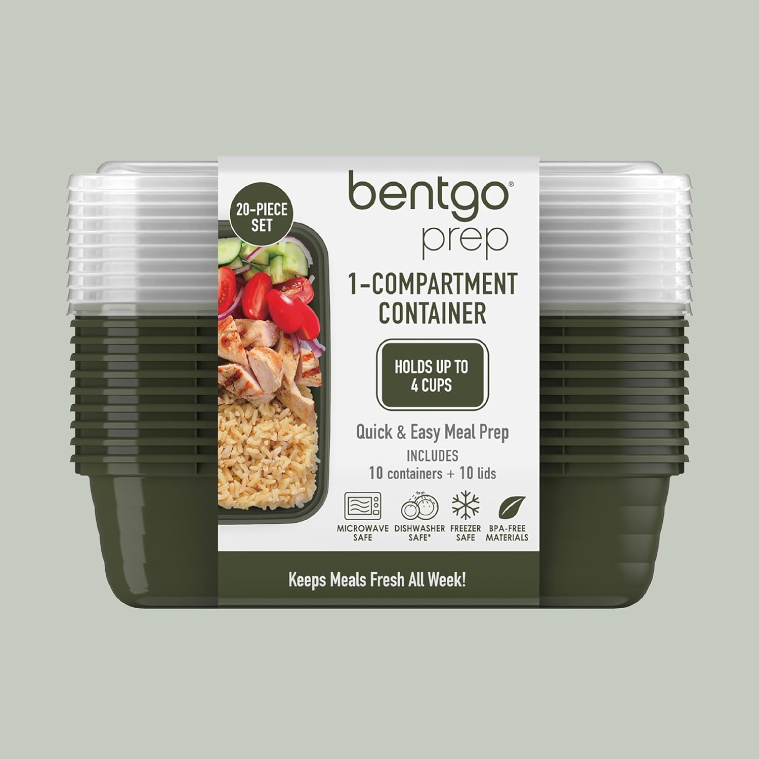 Bentgo Prep - 20-Piece 1-Compartment Reusable Meal Prep Containers with Lids, PFAS & BPA Free Materials, Durable, Microwave, Freezer, & Dishwasher Safe To Go Food Storage (Khaki Green) - Image 8
