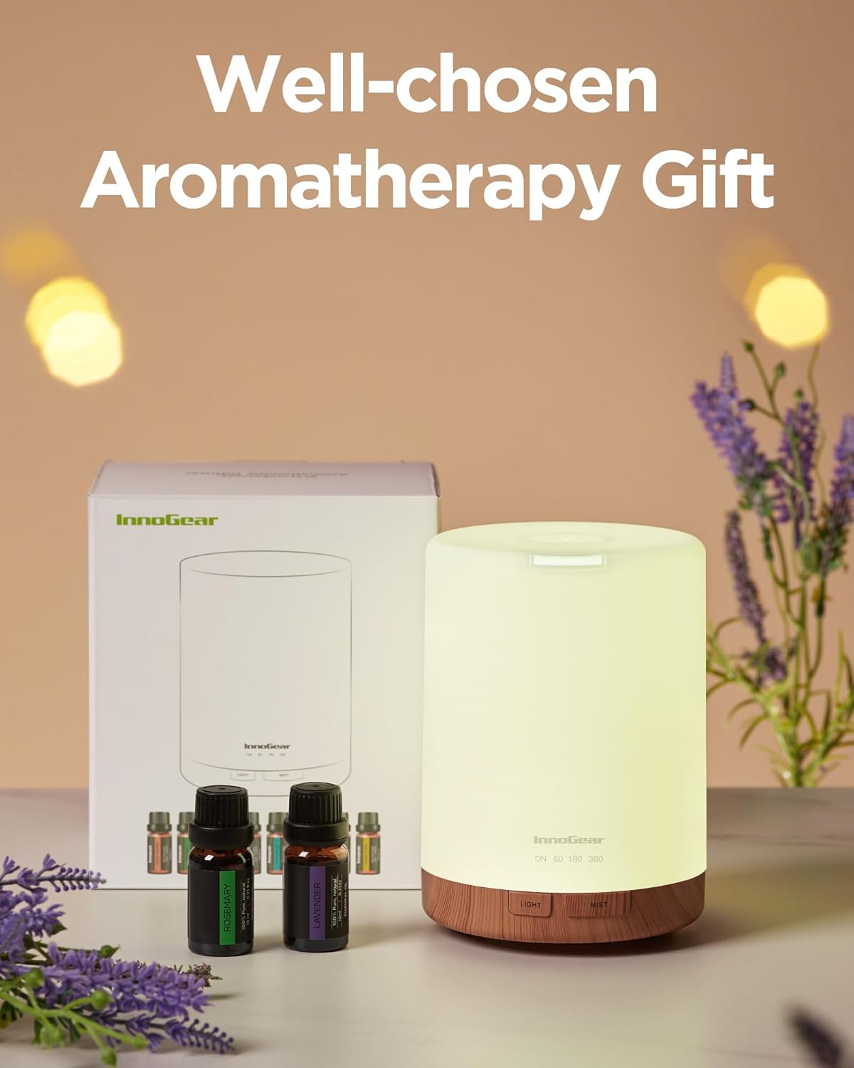 InnoGear Aromatherapy Diffuser & 8 Essential Oils Set, 300ml Premium 5-in-1 Ultrasonic Essential Oil Diffusers Scent Humidifier Aroma Diffuser Vaporizer Auto-Off Timer for Room Office Home, Yellow - Image 7