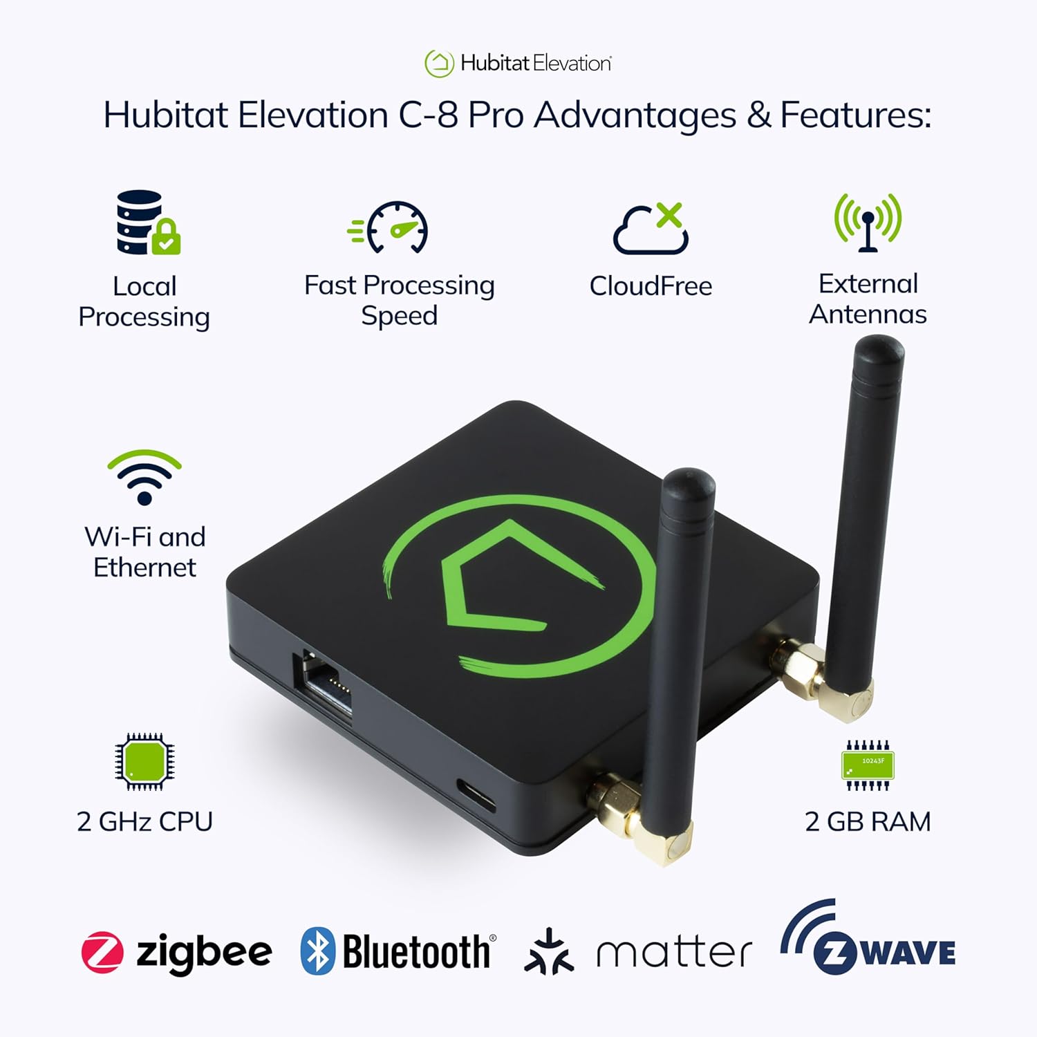 Hubitat Elevation C-8 Pro Smart Home Automation Hub – Matter 1.5 Hub, Z-Wave 800 Long Range, Zigbee 3.0 & Bluetooth – Cloud-Independent Local Control – Works with Alexa, Apple HomeKit & Google Home - Image 2