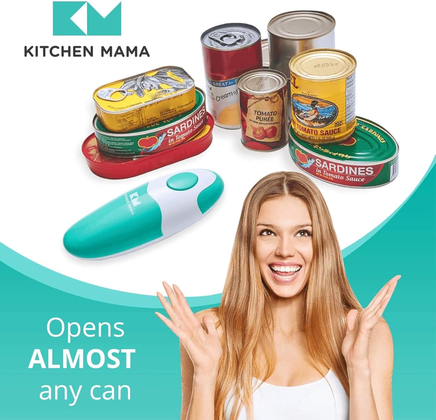 Kitchen Mama Auto Electric Can Opener: Open Your Cans with A Simple Press of Button - Automatic, Hands Free, Smooth Edge, Food-Safe, Battery Operated, YES YOU CAN (Teal) - Image 4