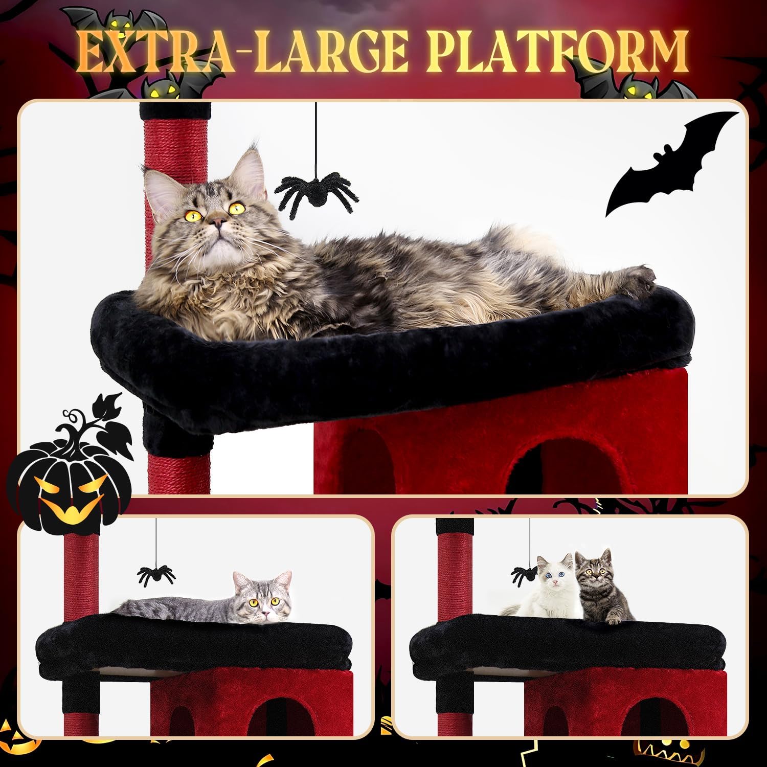 Globlazer Heavy Duty Gothic Cat Tree, 72in Large Cat Tower with Coffin Bed, Sturdy Maine Coon Cat Tree for Large Cats 20 lbs+, Medieval Castle Style with 6 Scratching Posts & Hammock, S72, Black & Red - Image 2