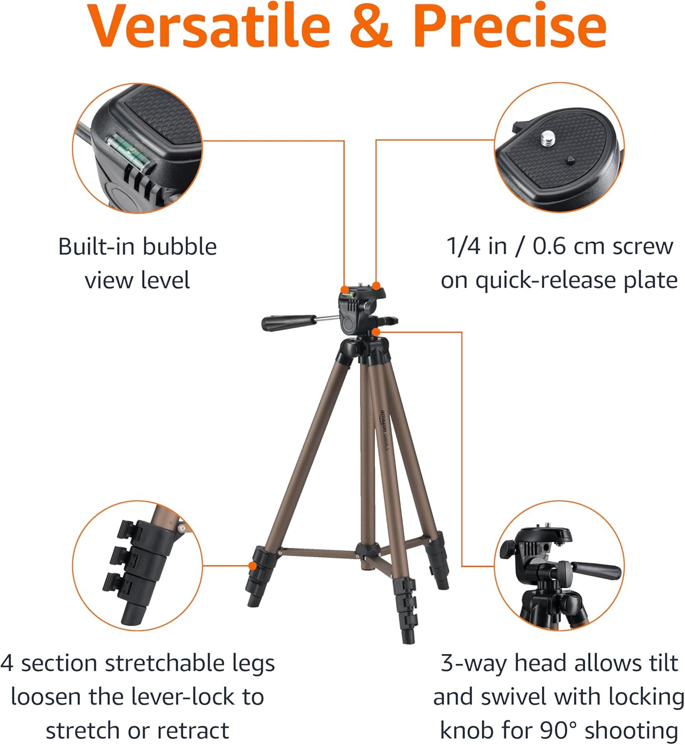 Amazon Basics 50-inch Lightweight Portable Camera Tripod Stand with Quick-Release Plate, Adjustable Height, Aluminum, for Travel Photography, Champagne - Image 2