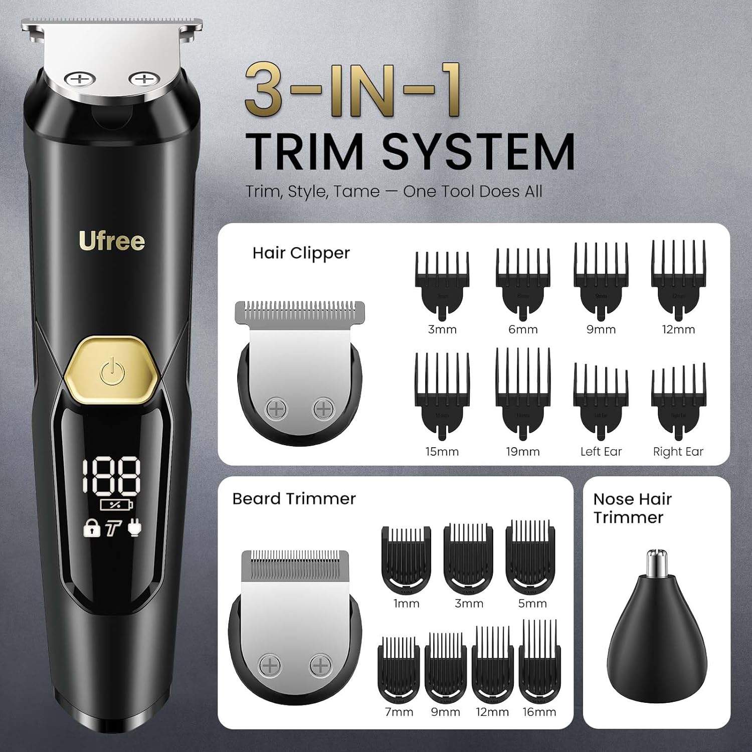 Ufree 3-in-1 Beard Trimmer for Men, Valentine Gifts for Men, IPX6 Waterproof Men's Electric Razor Shaver for Mustache, Professional Hair Trimmer Clippers, Type-C Body Grooming Kit - Image 5