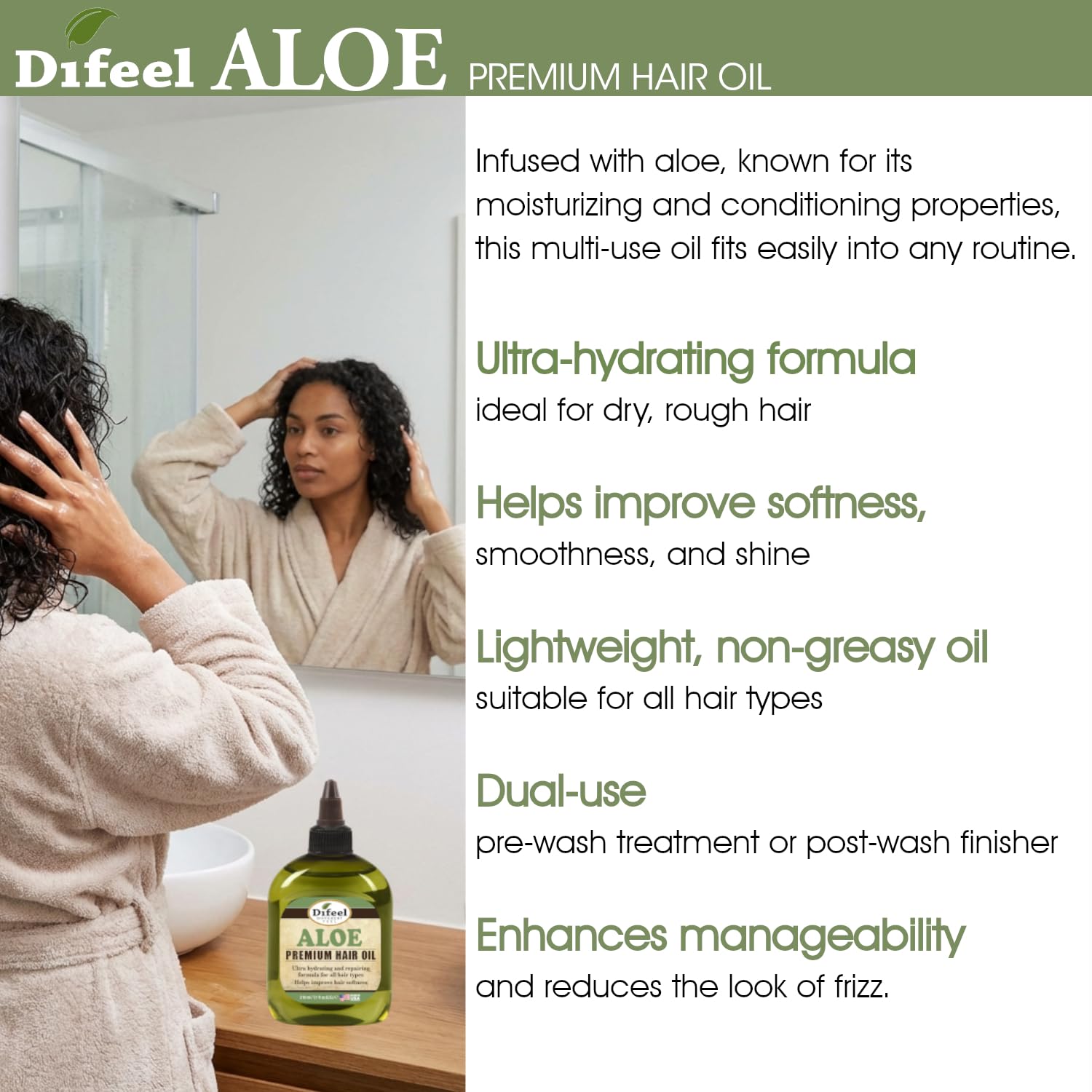 Difeel Aloe Premium Hair Oil 7.1 Ounces - Ultra Hydrating Aloe Vera Hair Oil for Natural Hair, Ideal for All Hair Types, Improves Softness, Smoothness & Shine - Image 5