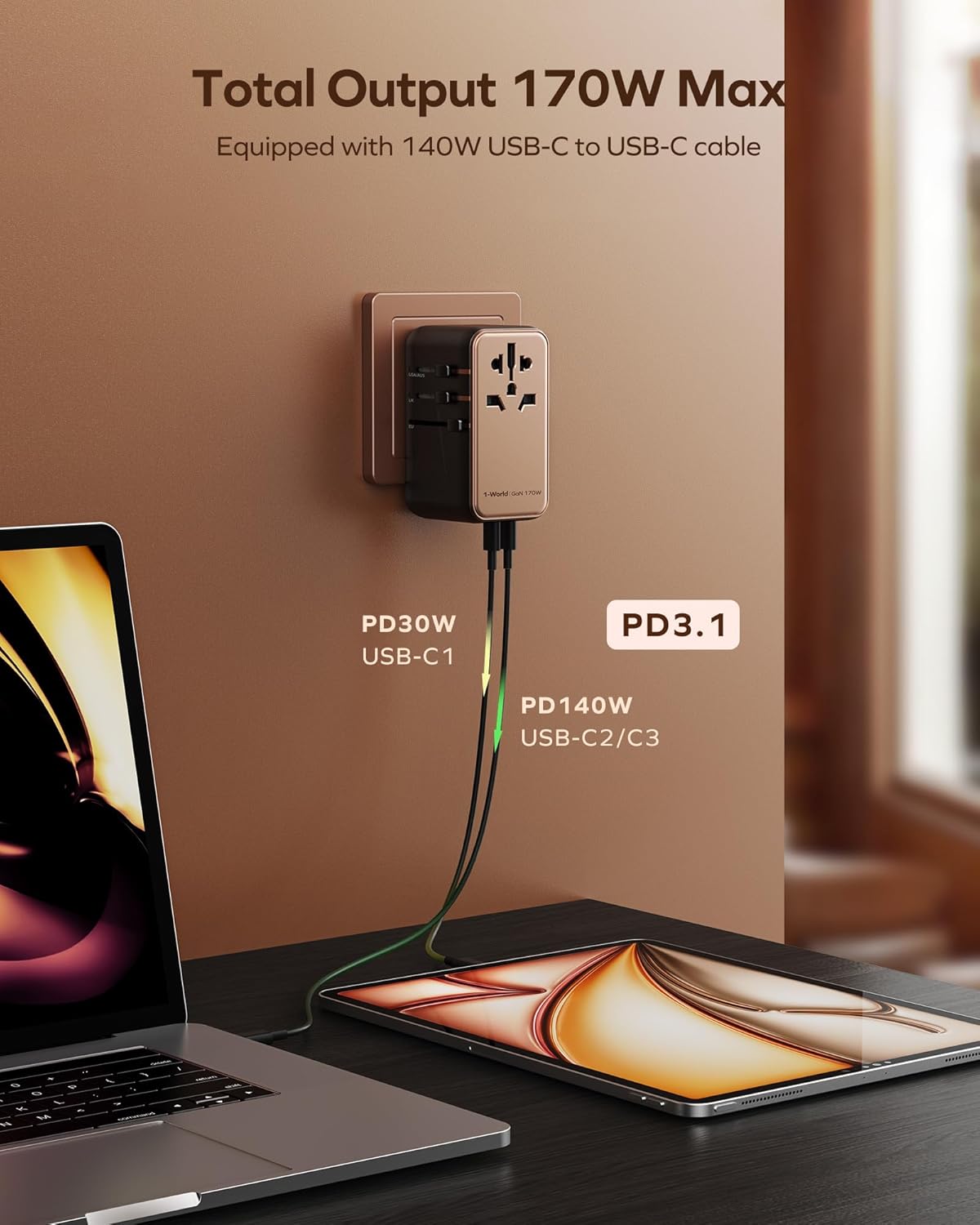 MOMAX Universal Travel Adapter Worldwide 170W GaN, 3 USB-C PD & 1 USB-A QC International Power Adapter for Laptop Fast Charging, European Travel Plug Adapter for UK/US/AUS/JP, Travel Essentials - Image 2
