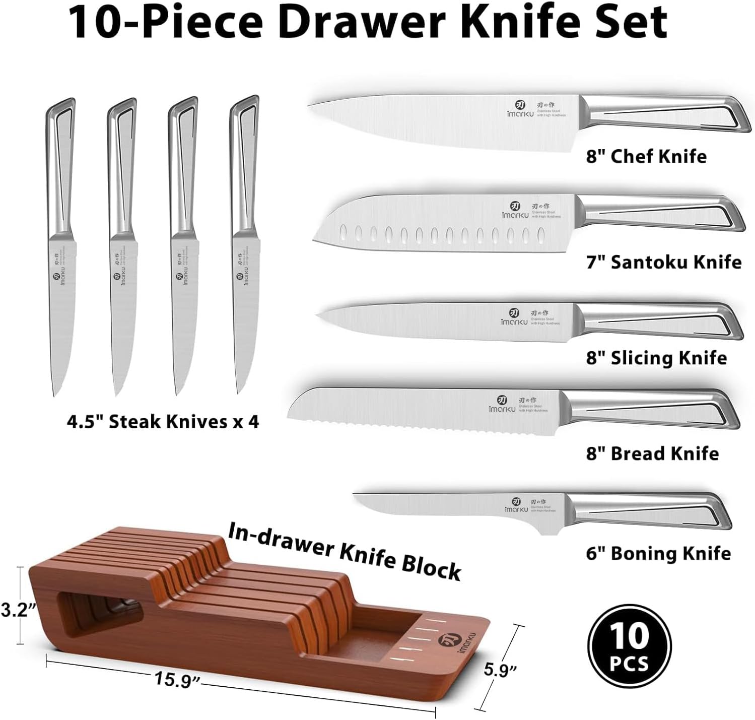 imarku Knife Set, 10 PCS Japanese Stainless Steel Knife Block Set, Kitchen Knife Sets with Wooden Drawer Organizer, Drawer Knife Set,Dishwasher Safe, Ultra Sharp Chef Knife, Gifts for Women Men - Image 5