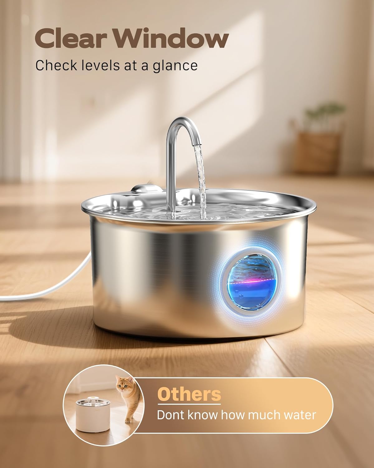 Cat Water Fountain Stainless Steel: Cat Fountain for Drinking - 88oz/2.6L Pet Water Fountain for Cats Indoor - Quiet Cats Water Bowl Dispenser - Pets Feeding & Watering Supplies - for Small Animals - Image 5