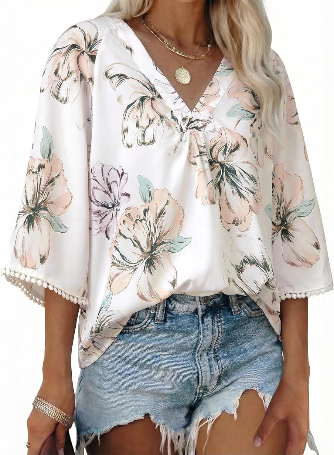 EVALESS Boho Summer Tops for Women Trendy 3/4 Length Sleeve Womens Tops Floral Print V Neck Blouses Spring 2026 Shirts