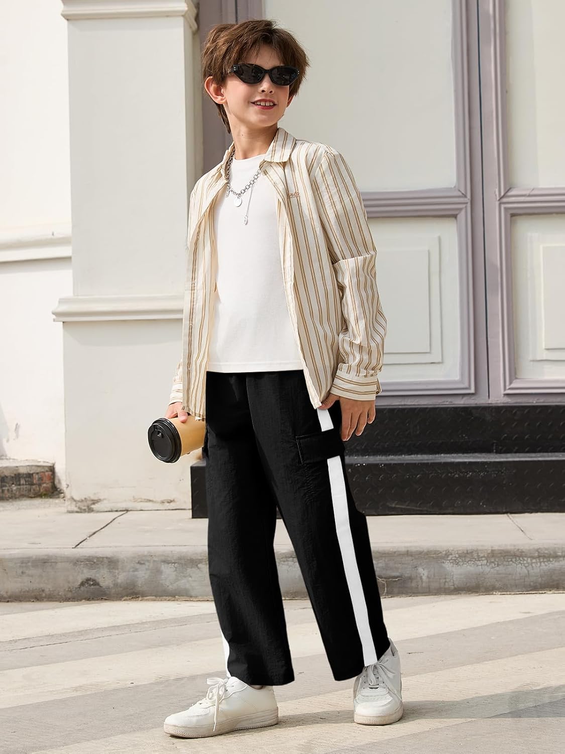 Haloumoning Boys Wide Leg Cargo Pants Kids Striped Elastic Waist Parachute Trousers with Pockets 5-14 Years - Image 6