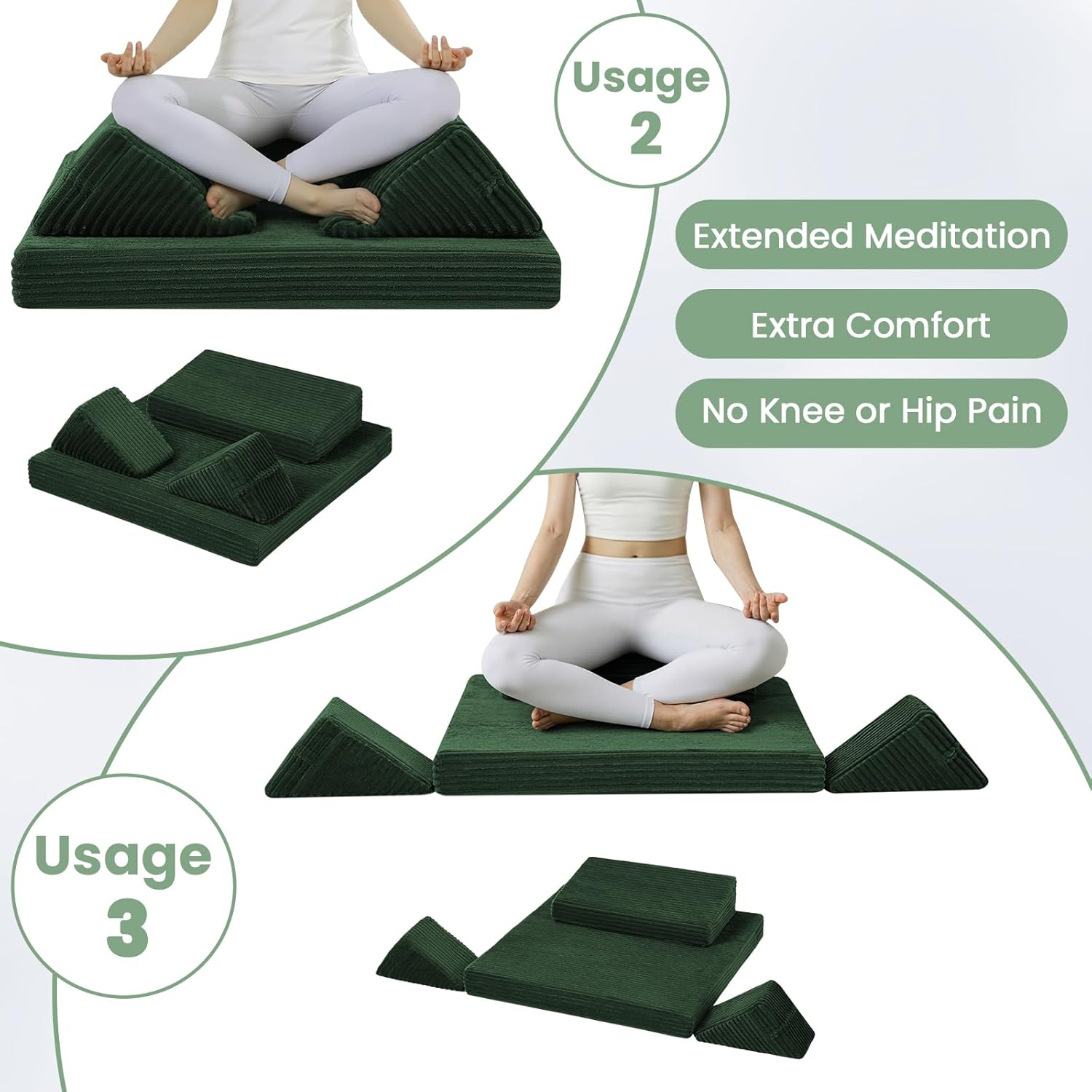 Meditation Cushion, Meditation Pillow for Sitting on Floor, Large Yoga Zabuton Pillows Washable, Zafu Set with 2 Knee Supports, 3 Shapes for Comfortable Sitting, Green - Image 3