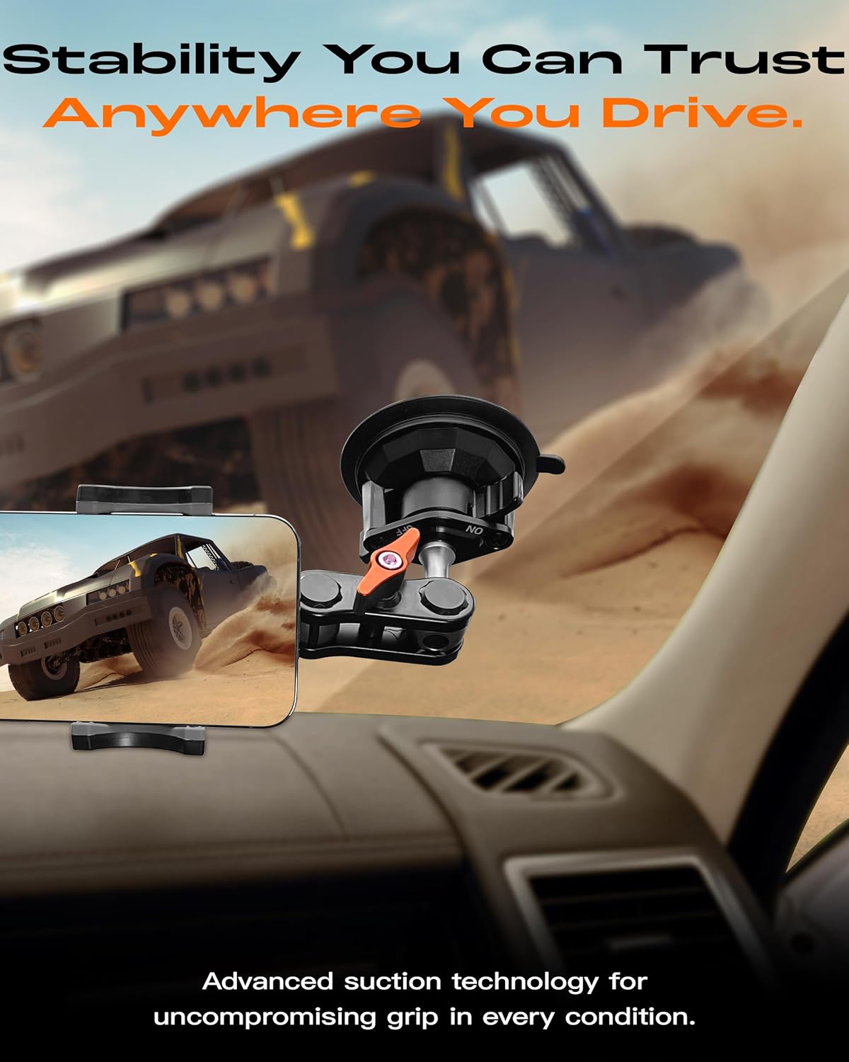 chubbycable ChubbyGrip Pro Dash Mount Premium Metal Knobs Phone Holders for Your Car 360° Rotation Suction Cup Phone Mount for Windshield, Clamp, Orange - Image 2