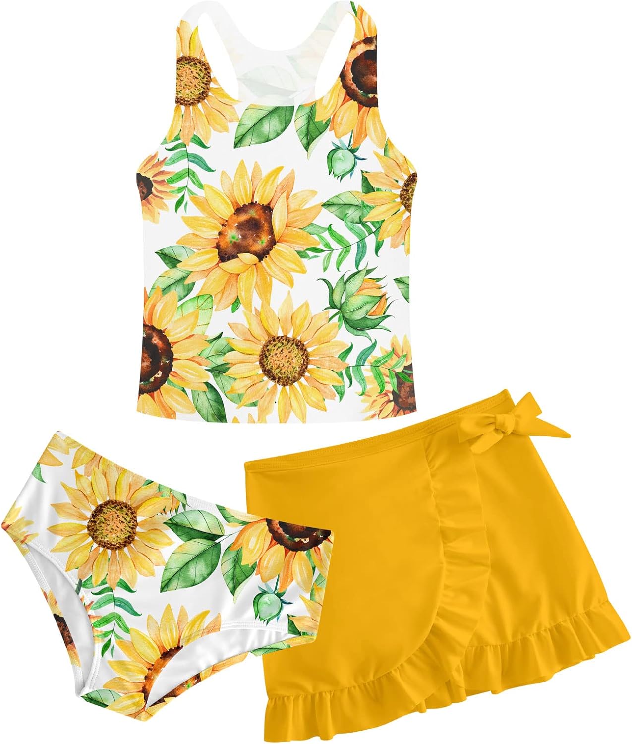 Cutemile 5-14 Years Girls Swimsuit 3 Piece Bathing Suit Quick Dry Tankini Set with Cover Up Beach Skirt Swimwear