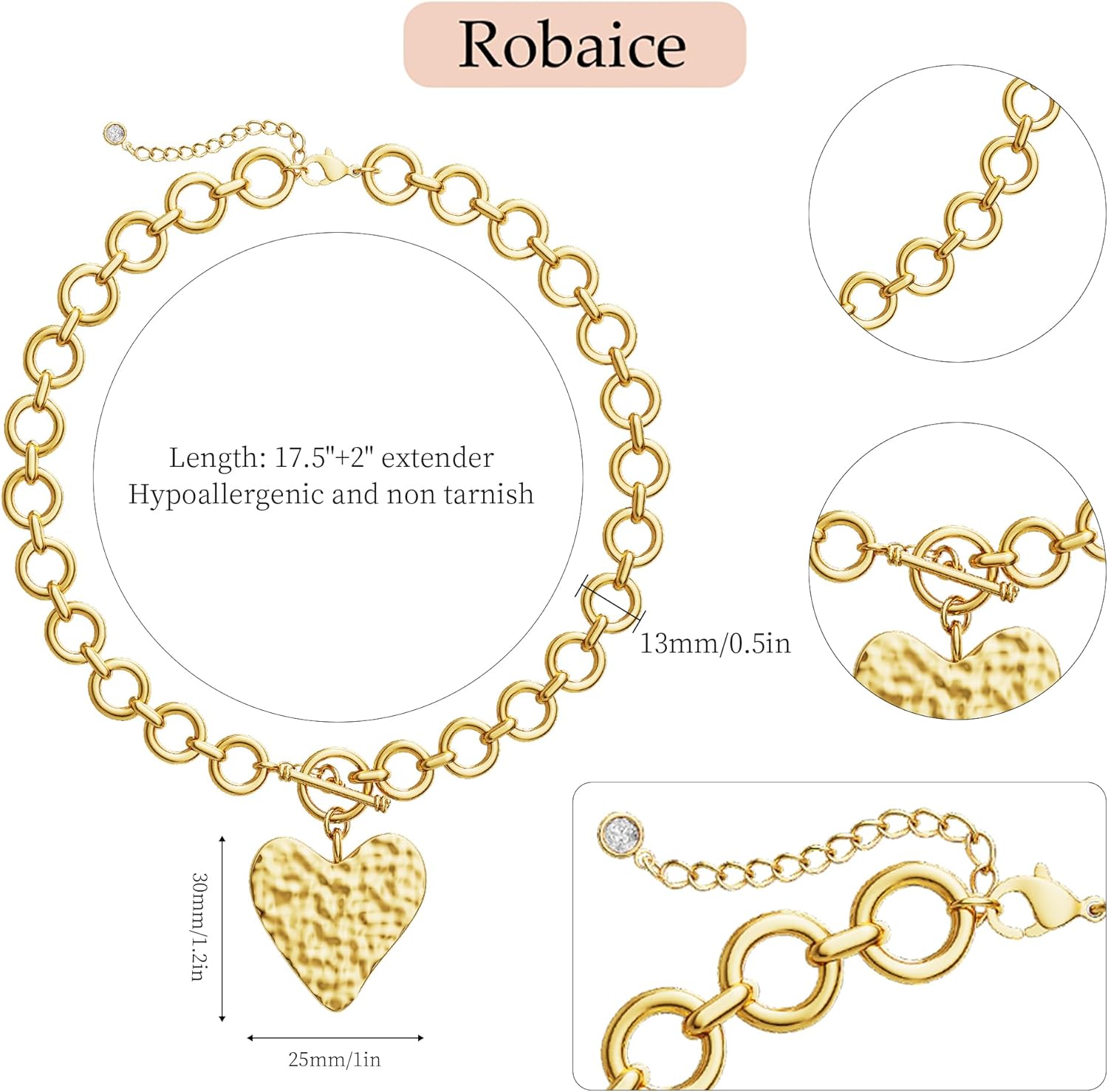 Chunky Gold Heart Necklace for Women,14K Gold Plated Chunky Heart Pendant Bold Chain Necklace with Toggle Clasp,Waterproof Non Tarnish Hypoallergenic Chunky Statement Jewelry Gift for Women - Image 4