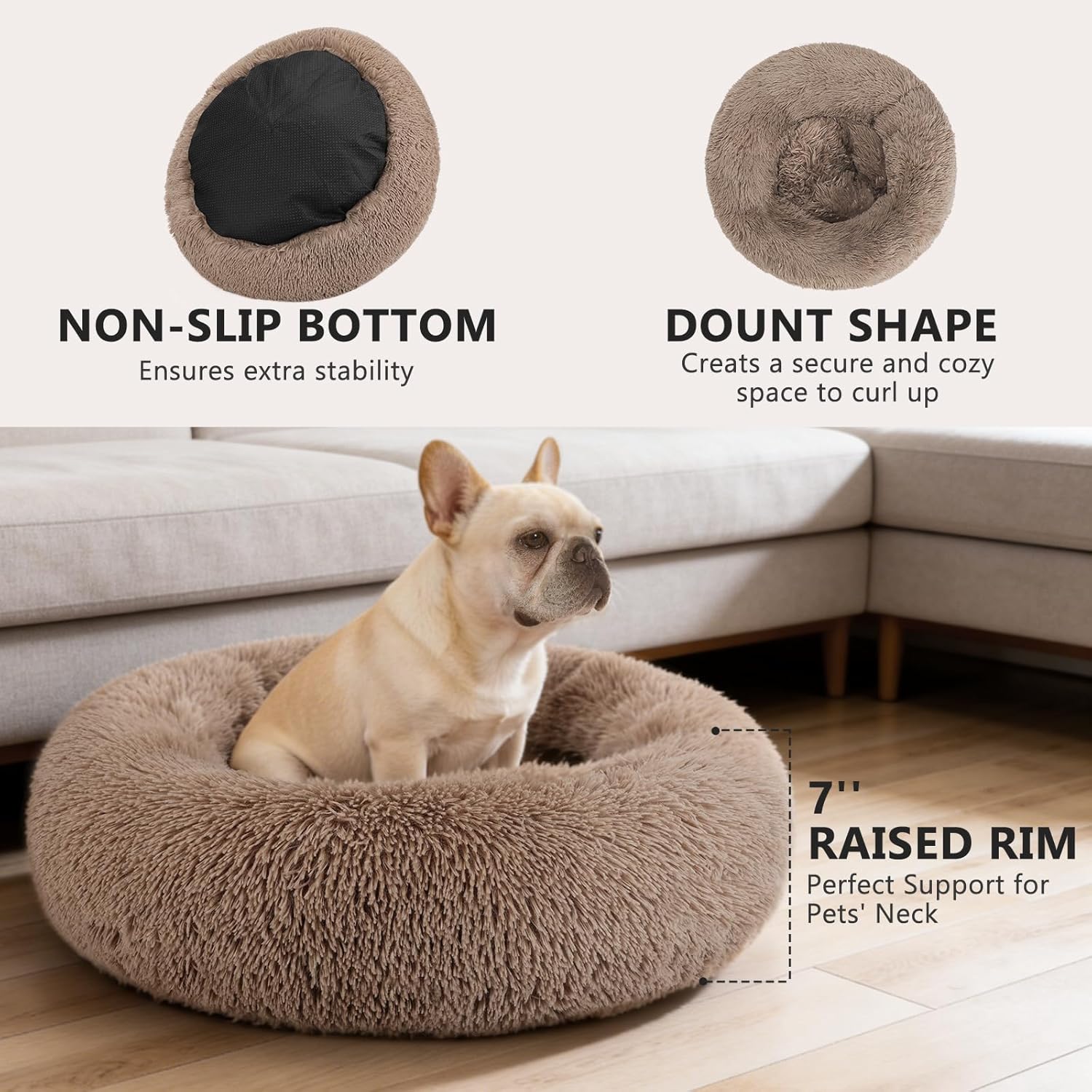 MIXJOY Orthopedic Dog Bed Comfortable Donut Cuddler Round Pet Beds Ultra Soft Washable Dog and Cat Cushion (20''/23''/30'') (23'', Brown) - Image 2