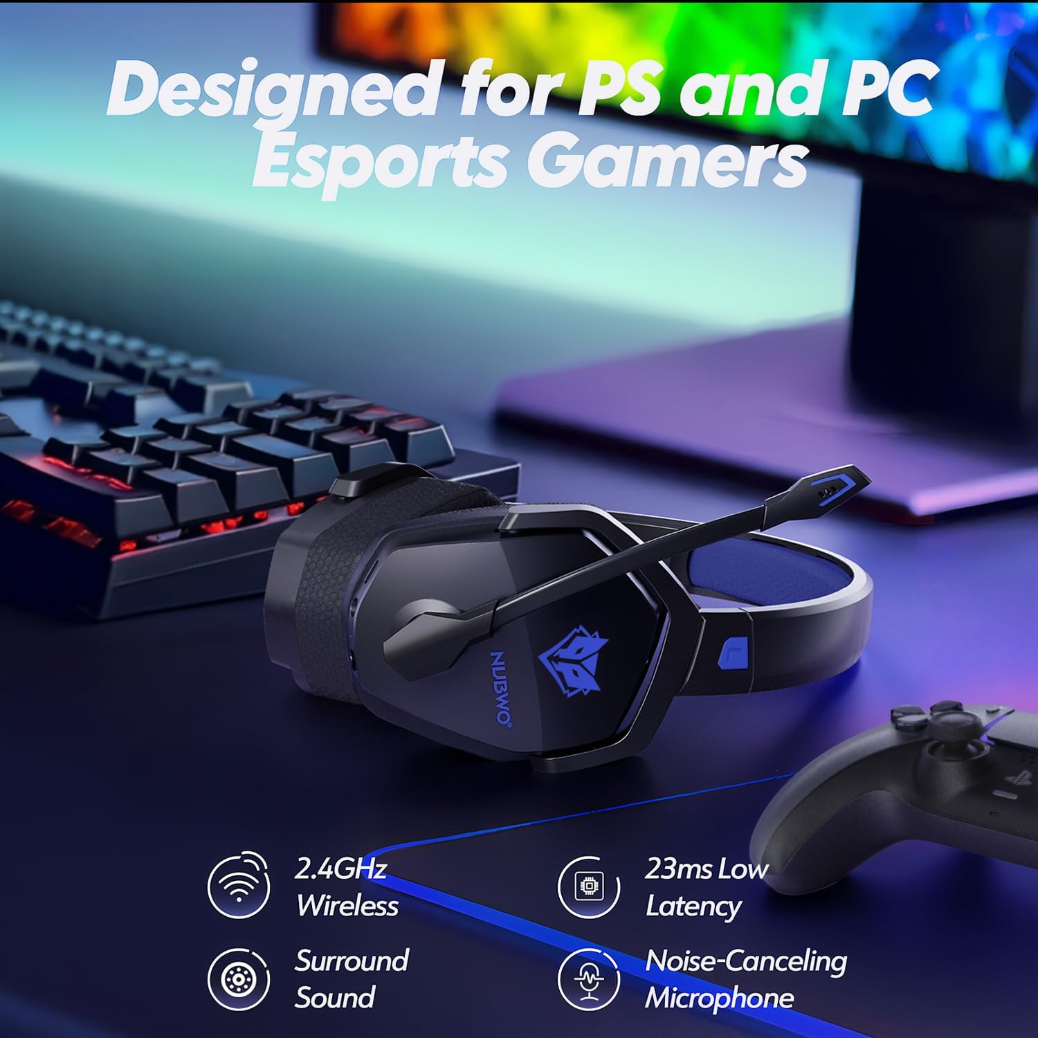 NUBWO Wireless Gaming Headset with Mic for Ps5 Ps4 PC, Zero Interference, 100-Hour Battery All-Day Play, 23ms Sync for Fortnite & Call of Duty/FPS Gamers, Triple Mode All Devices Compatible - Blue - Image 2