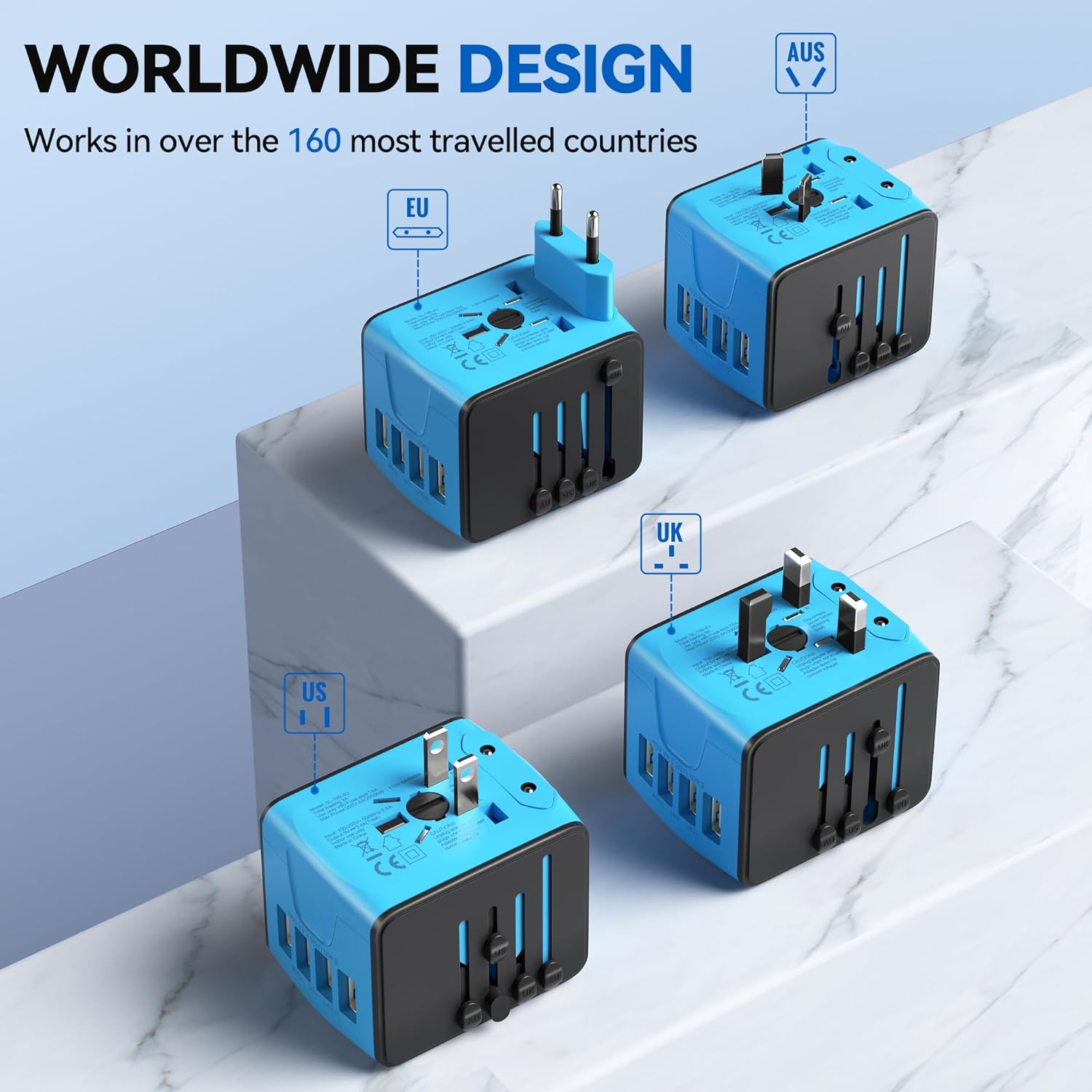 Unidapt Universal Travel Adapter, International Plug Adapter Fast 2,4A 4-USB European Power Plug, AC Wall Charger - Worldwide Outlet for Europe US USA UK EU AUS, Blue - Image 3