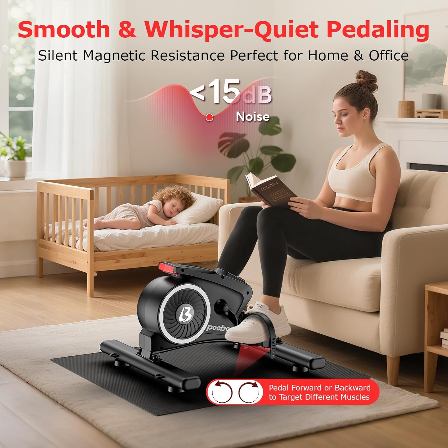 pooboo Under Desk Bike Pedal Exerciser, Quiet Magnetic Mini Exercise Bike with 16 Resistance Levels, Arm & Leg Workout, Resistance Bands & Non-Slip Mat for Home Office Therapy - Image 2