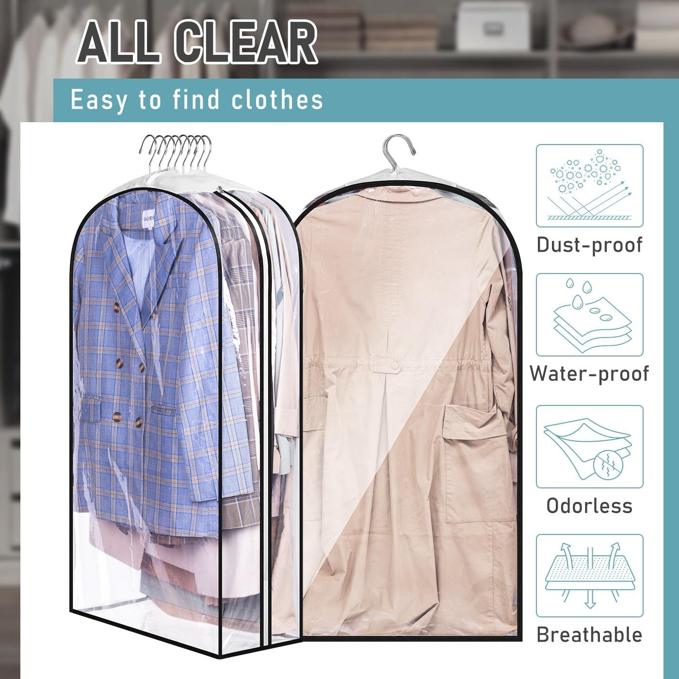 MISSLO 10" Gusseted All Clear Garment Bags for Hanging Clothes 3 Packs 40" Suit Bags for Closet Storage Hanging Clothes Storage Suit Cover for Shirts, Coats, Dresses - Image 5