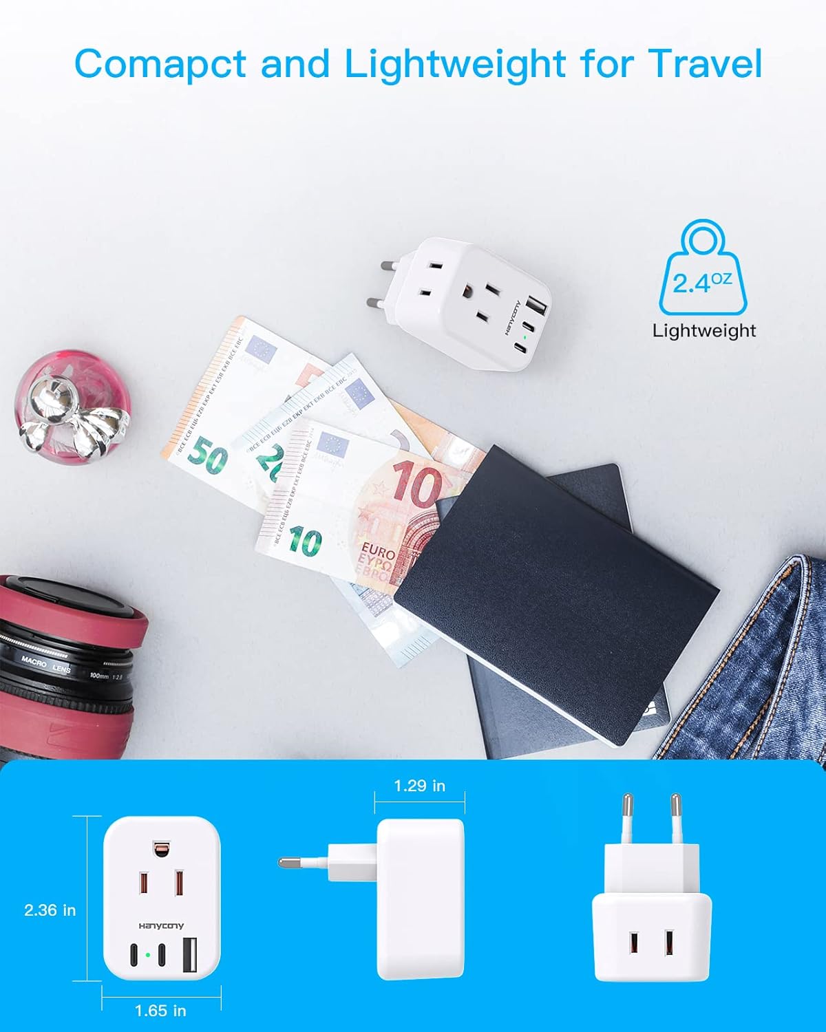 European Travel Plug Adapter USB C, HANYCONY International Plug Adapter, US to Europe Adapter Plug 2 Outlets 3 USB Ports(2 C Port), Type C Power Adapter to Italy Spain France Portugal Iceland Germany - Image 4