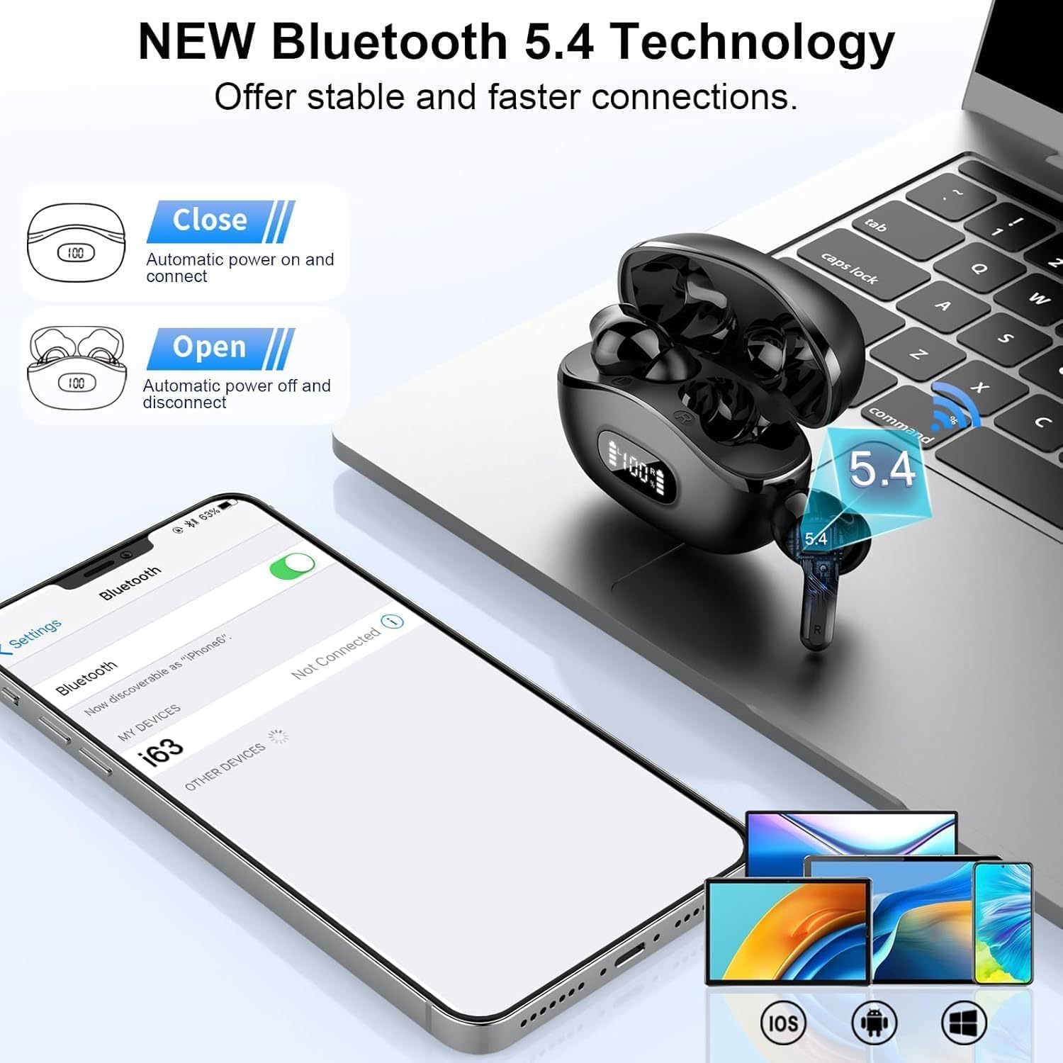 Wireless Earbuds, Bluetooth Headphones 5.4 HiFi Stereo, Ear Buds with 4 ENC Noise Cancelling Mics, 48H Bluetooth Earbuds with Dual LED Display, IP7 Waterproof in Ear Earphones for Android iOS, Black - Image 3
