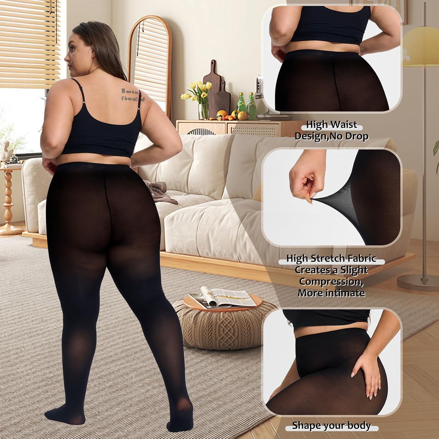 Plus Size Tights for Women,2 pairs 80D Semi Opaque Tights women,Solid Color Soft High Waist Stockings Size Up to 6XL. - Image 3