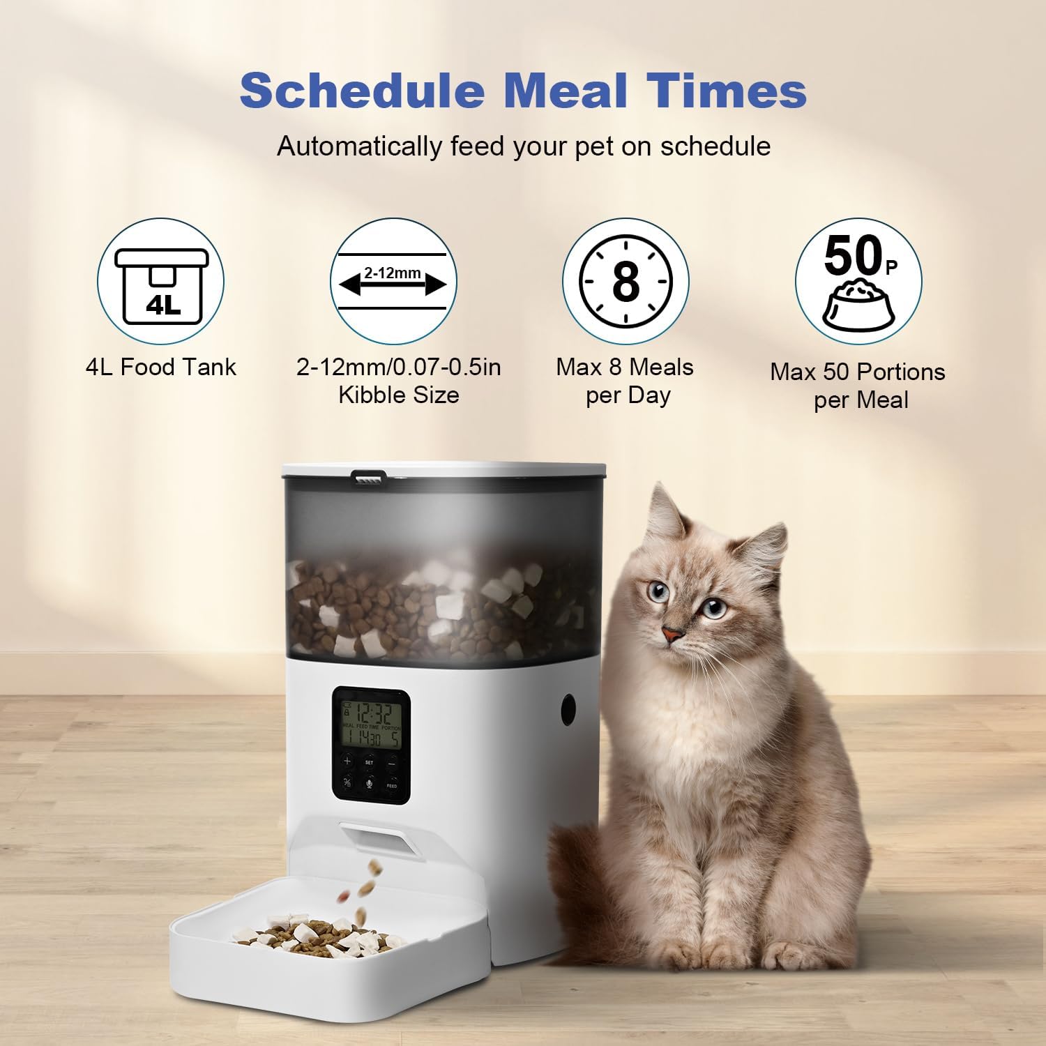Automatic Cat Feeder, 4L Cat Food Dispenser with 10s Voice Recorder, Pet Feeder up to 8 Meals per Day, Timed Dog Feeder with Dry Food Sealed Ring (White, 4L-Basic) - Image 2