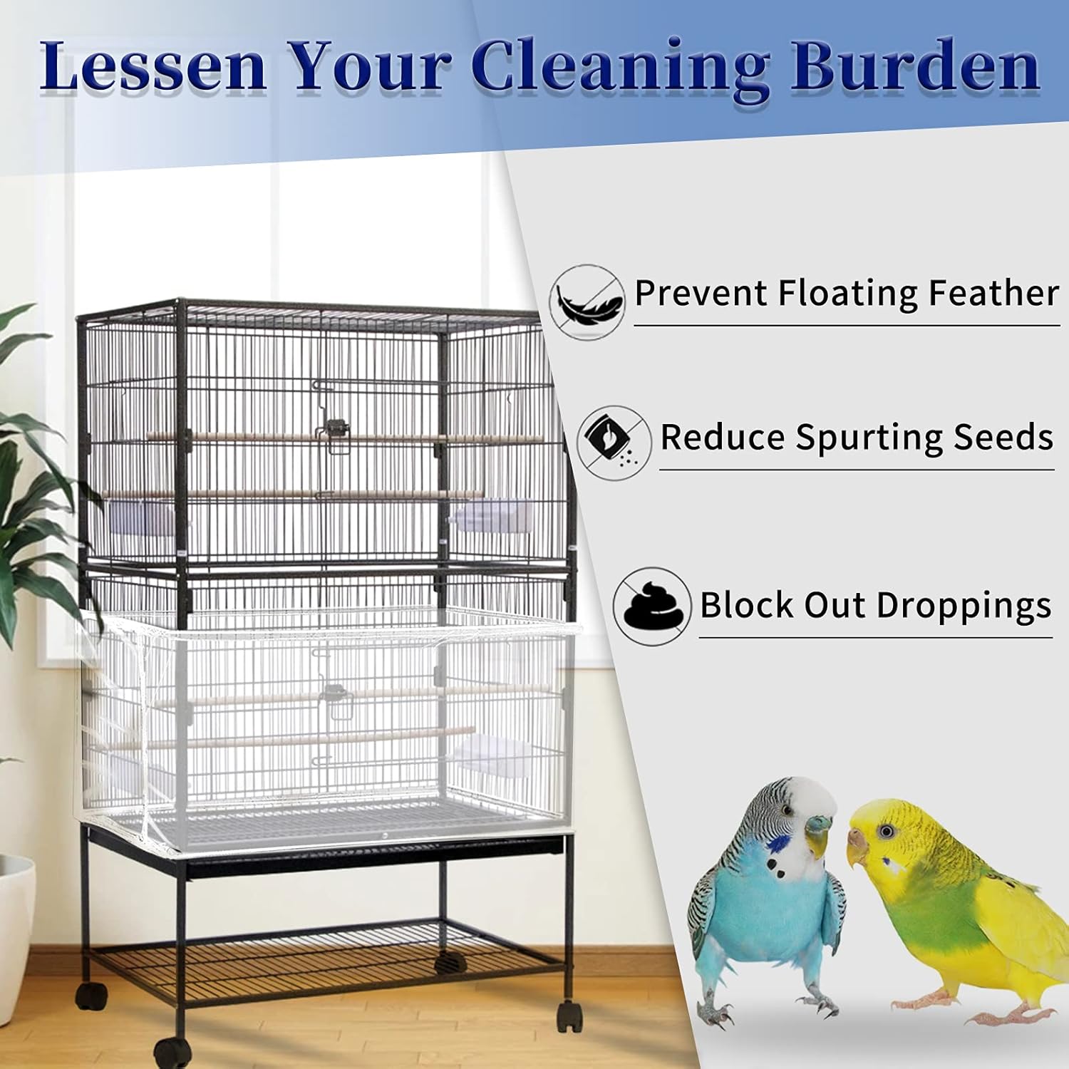 Daoeny Large Bird Cage Cover, Bird Cage Seed Catcher, Adjustable Soft Airy Nylon Mesh Net, Birdcage Cover Skirt Seed Guard for Parrot Parakeet Macaw African Round Square Cages (White) - Image 2