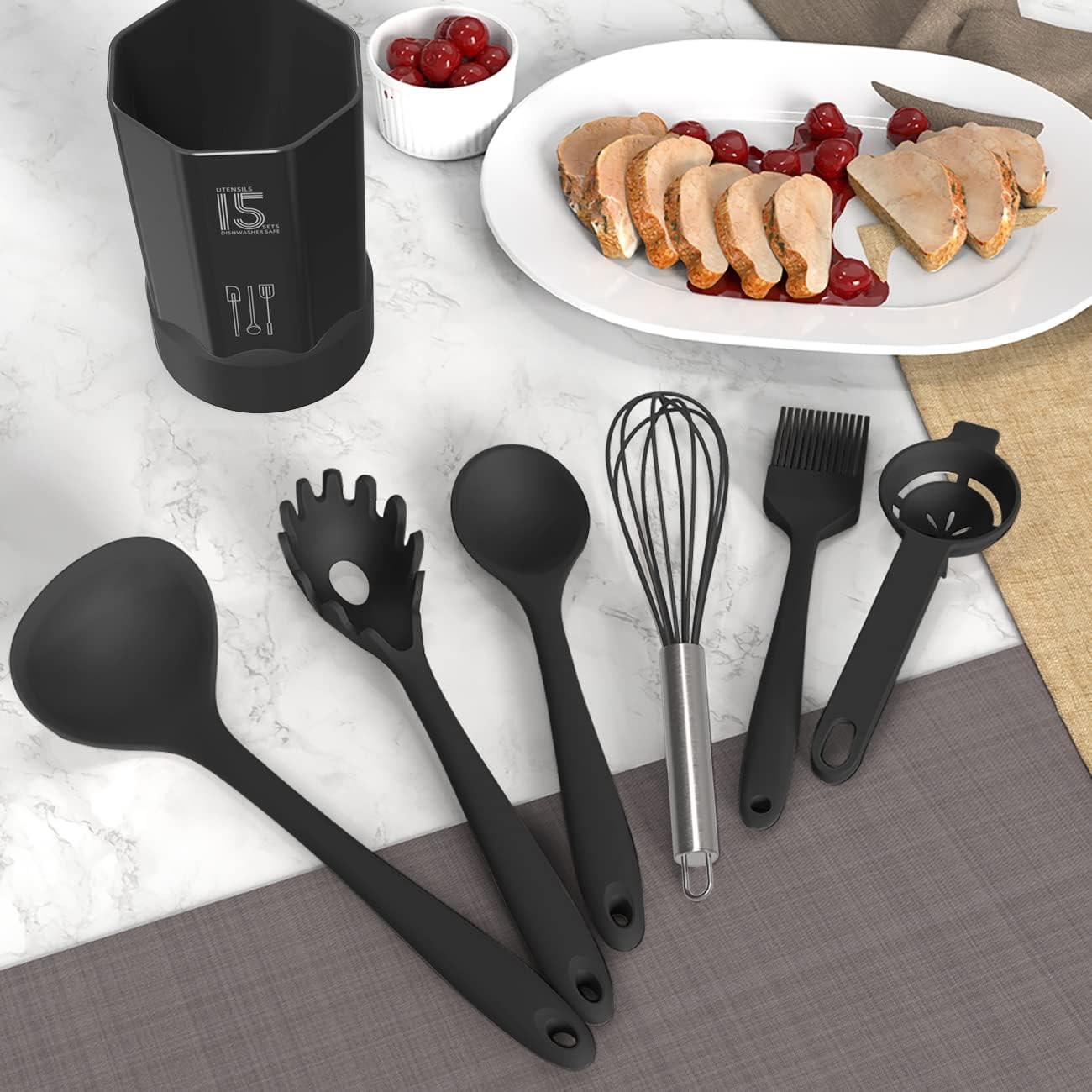 AOTHOD Silicone Cooking Utensils Set - 446°F Heat Resistant Kitchen Utensils,Turner Tongs,Spatula,Spoon,Brush,Whisk,Kitchen Utensil Gadgets Tools Set for Nonstick Cookware,Dishwasher Safe (BPA Free) - Image 8