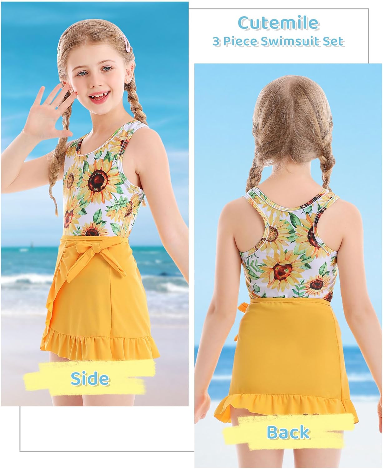 Cutemile 5-14 Years Girls Swimsuit 3 Piece Bathing Suit Quick Dry Tankini Set with Cover Up Beach Skirt Swimwear - Image 2