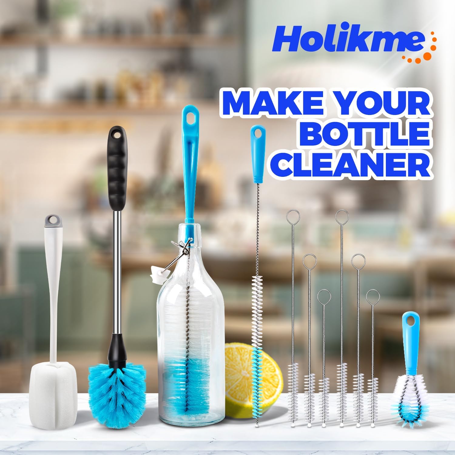 Holikme Bottle Brush Tube Cleaning Lab Set with Long Handle, Cup Cleaner for Washing Narrow Neck Beer Wine Decanter Pipes Lids Sinks Cap Covers, White - Image 7