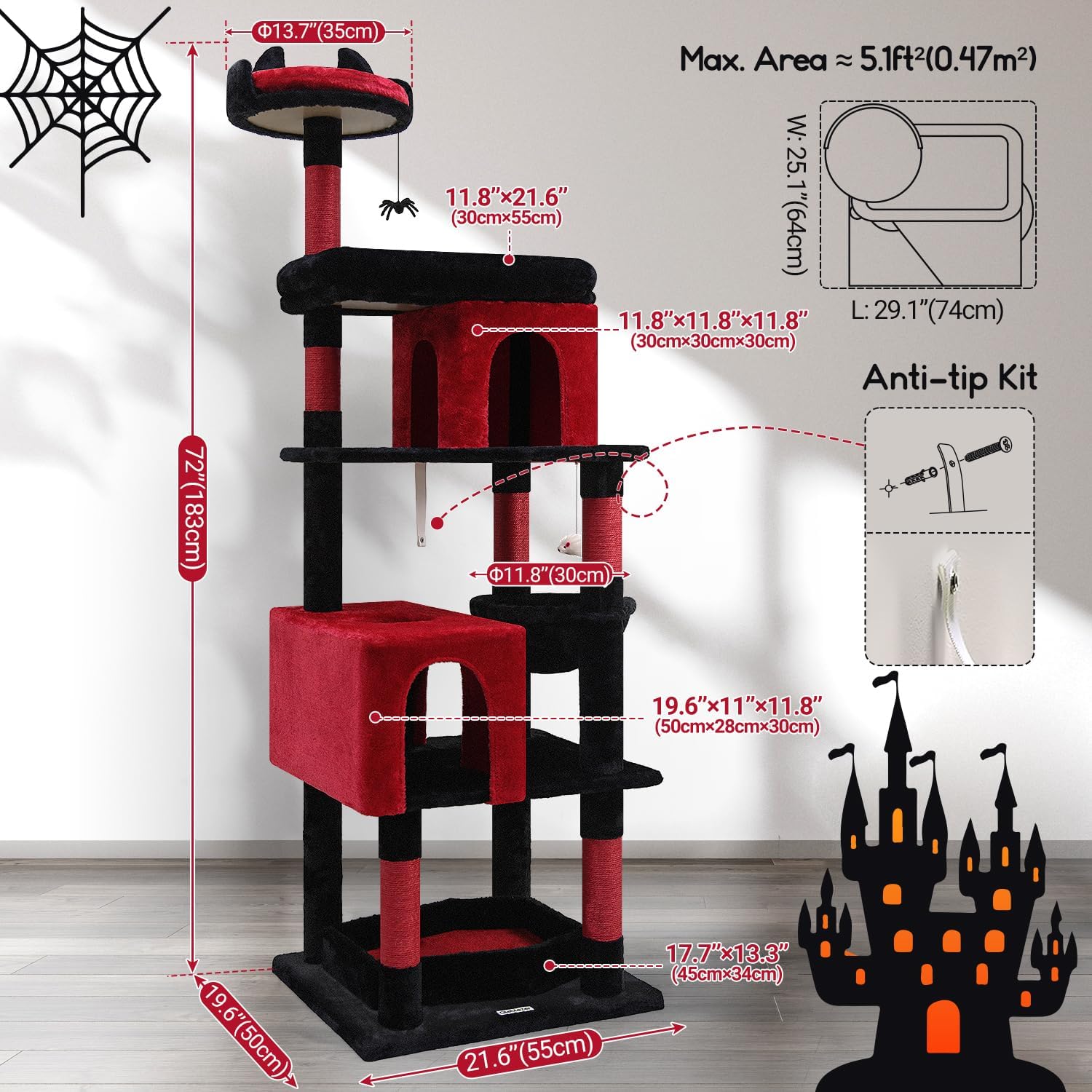 Globlazer Heavy Duty Gothic Cat Tree, 72in Large Cat Tower with Coffin Bed, Sturdy Maine Coon Cat Tree for Large Cats 20 lbs+, Medieval Castle Style with 6 Scratching Posts & Hammock, S72, Black & Red - Image 6