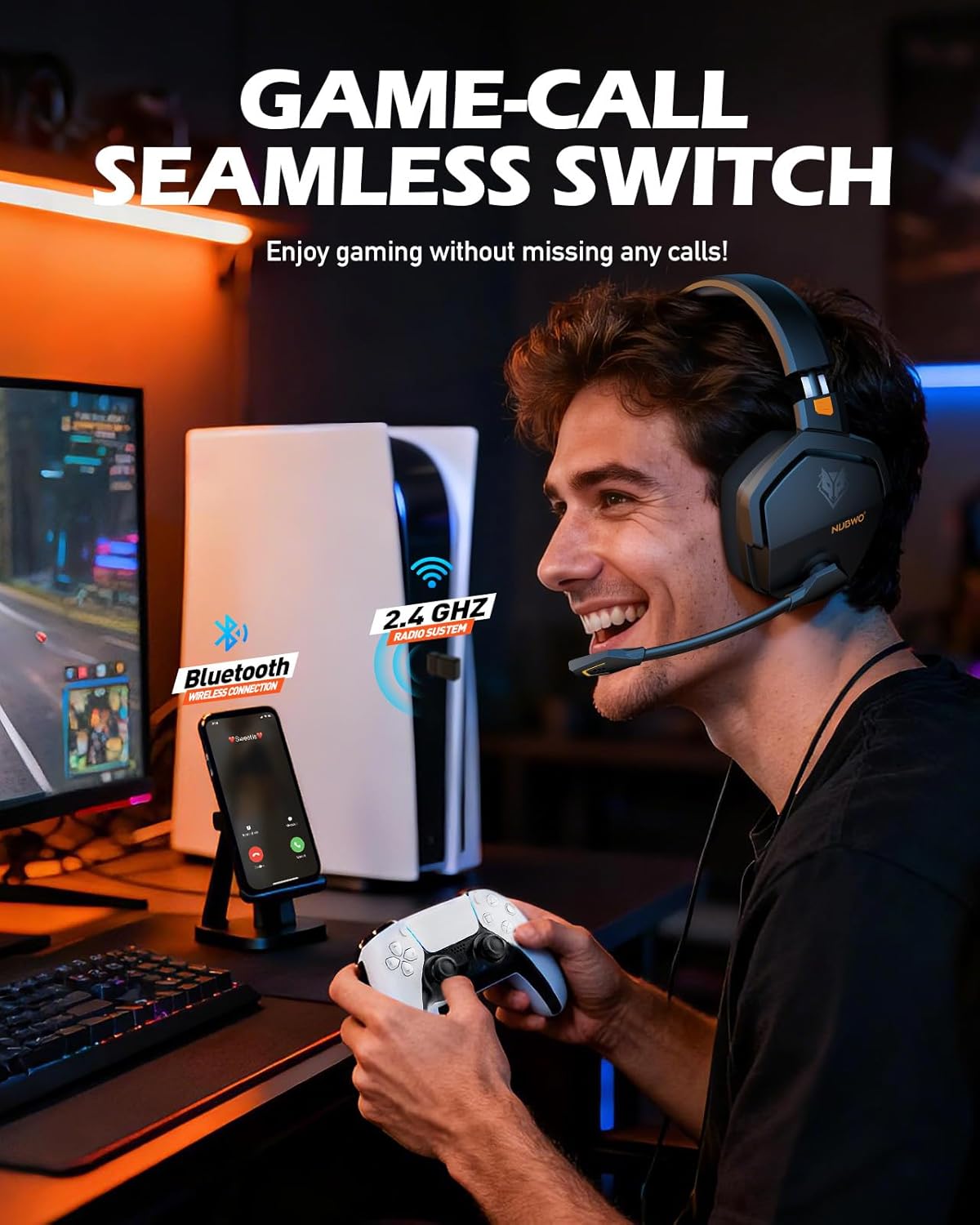 NUBWO Wireless Gaming Headset with Mic for Ps5 Ps4 PC, Zero Interference, 100-Hour Battery All-Day Play, 23ms Sync for Fortnite & Call of Duty/FPS Gamers, Triple Mode All Devices Compatible - Orange - Image 3
