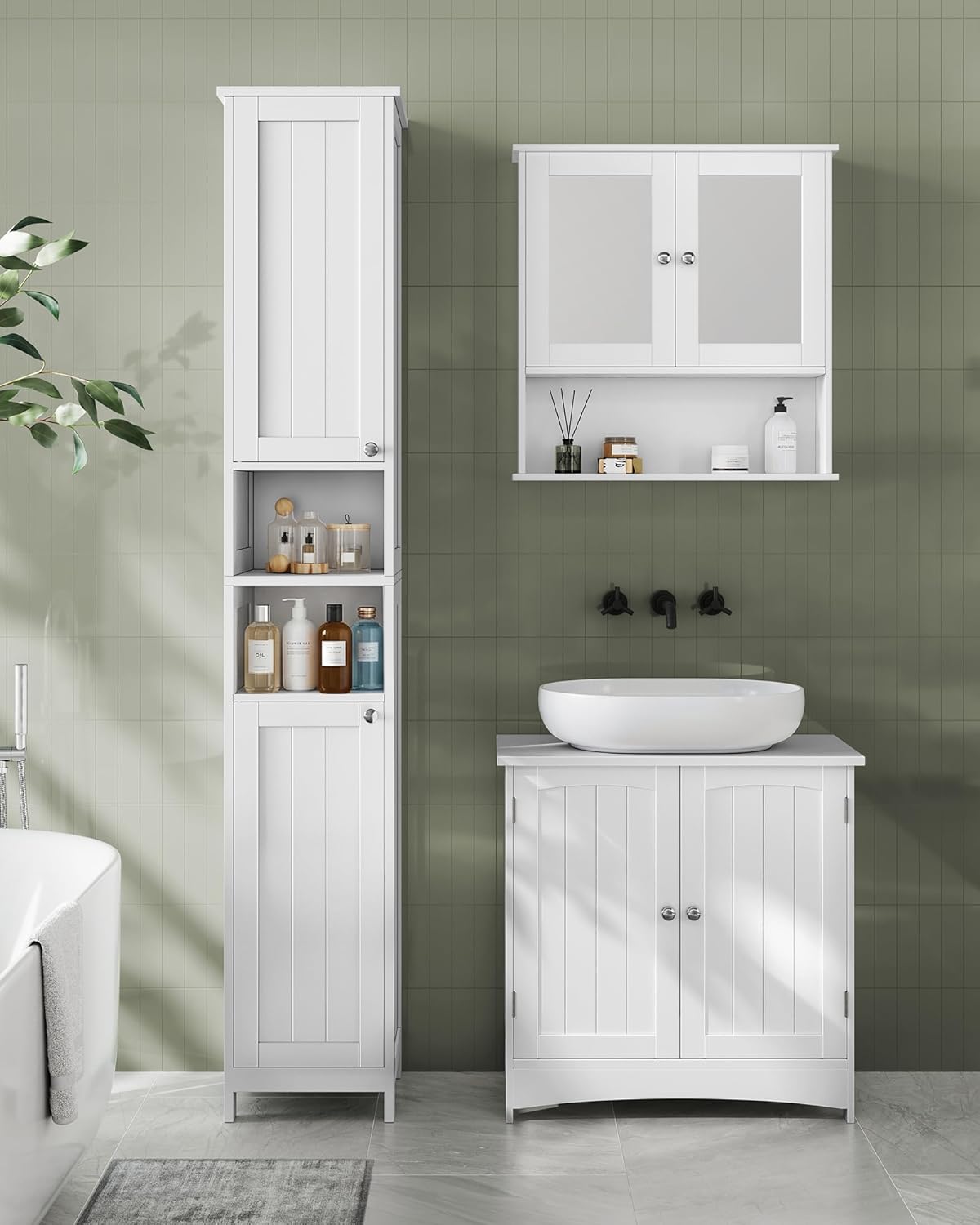 VASAGLE Tall Storage Cabinet with Lights, Slim Freestanding Cabinet with Adjustable Shelves, for Small Spaces, Bathroom, Living Room, Modern, 11.8 Inches Wide, Cloud White UBBC566W02V1 - Image 2
