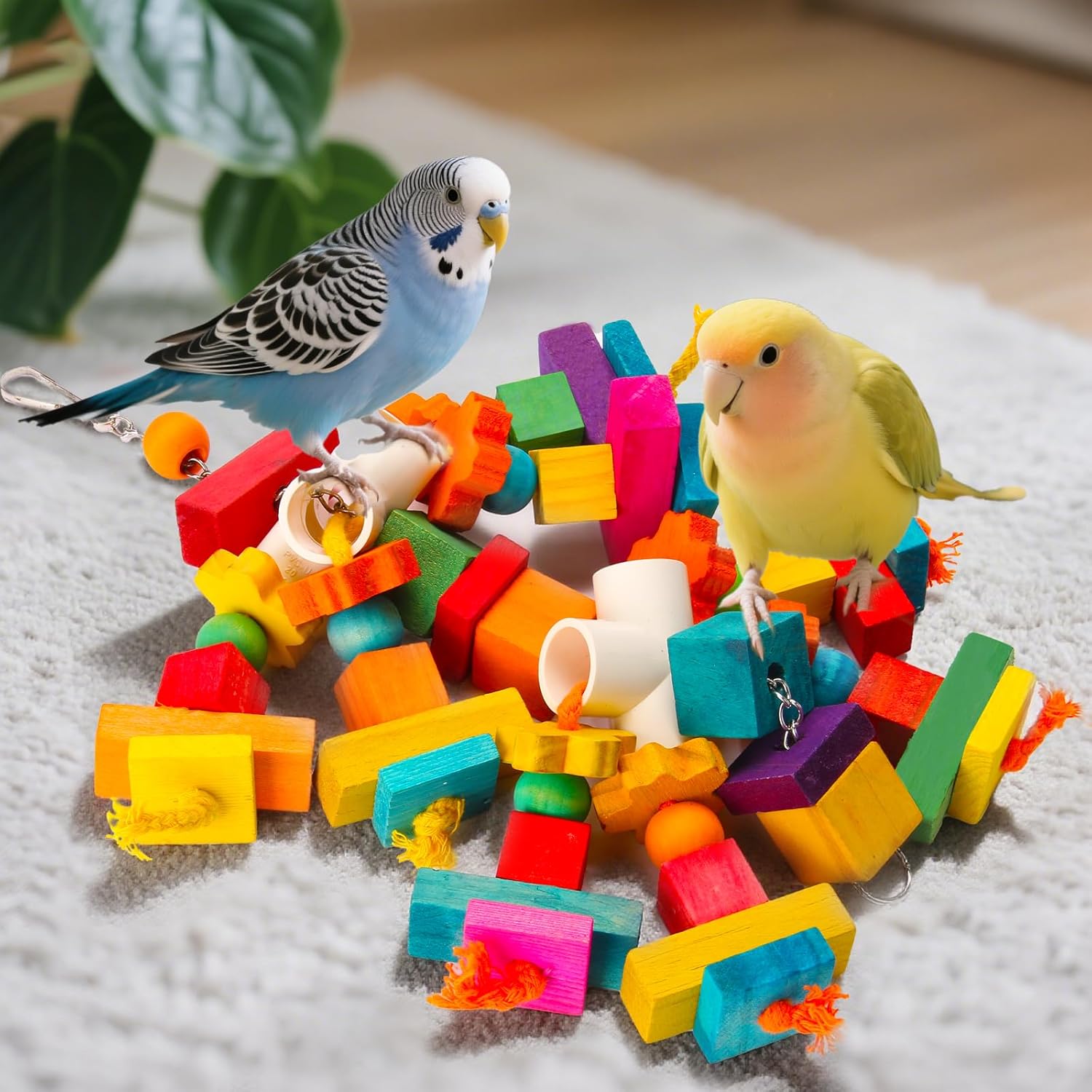 Kyouki Large Parrot Toy, Bird Toys for Cockatoos,Macaws, African Grey, Amazon Parrots,Conures, Lovebirds, Multicolored Natural Wooden Blocks Chewing Toys Bird Cage Accessories (Colorful) - Image 5