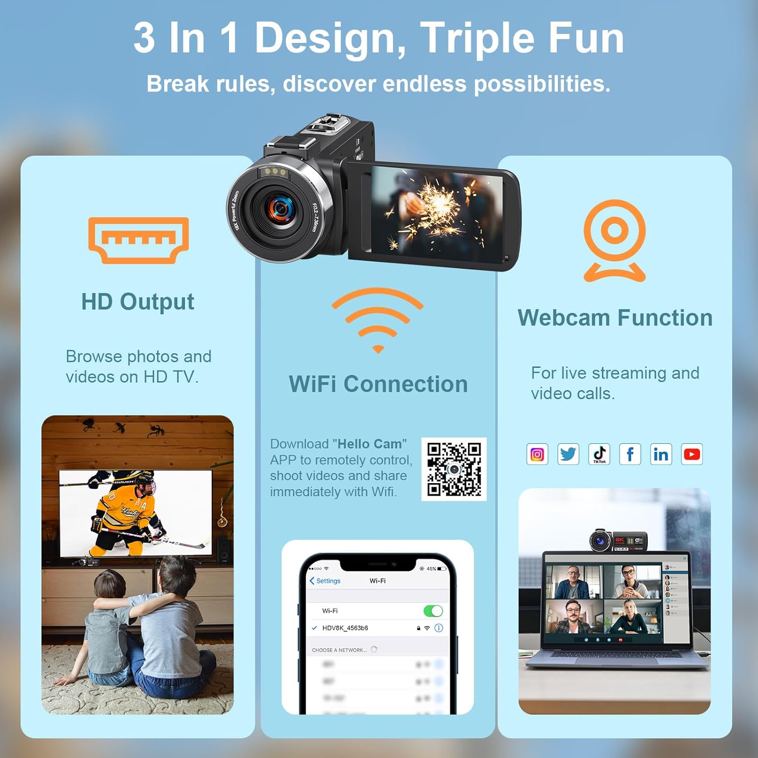 8K 64MP Video Camera Camcorder IR Night Vision Vlogging Camera 18X Zoom WiFi Digital Camera for YouTube 3.0'' Touch Screen Camcorder with 64GB SD Card, 2 Batteries, Remote Control, Mic and Stabilizer - Image 5