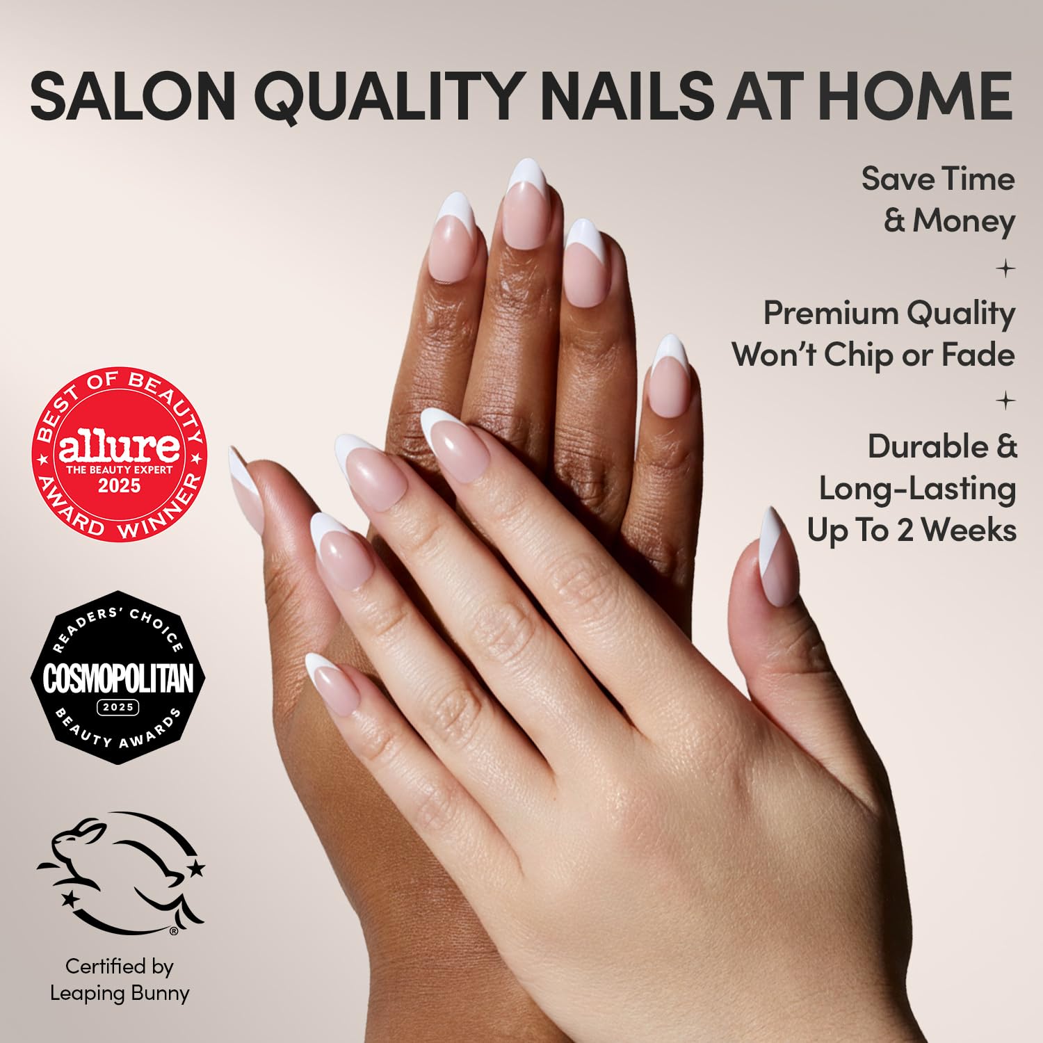 Glamnetic Press On Nails - MaDamn | French Tip UV Finish Short Pointed Almond Fake Nails, Salon Quality Semi-Transparent Nails in 12 Sizes - 24 Nail Kit with Glue - Image 2
