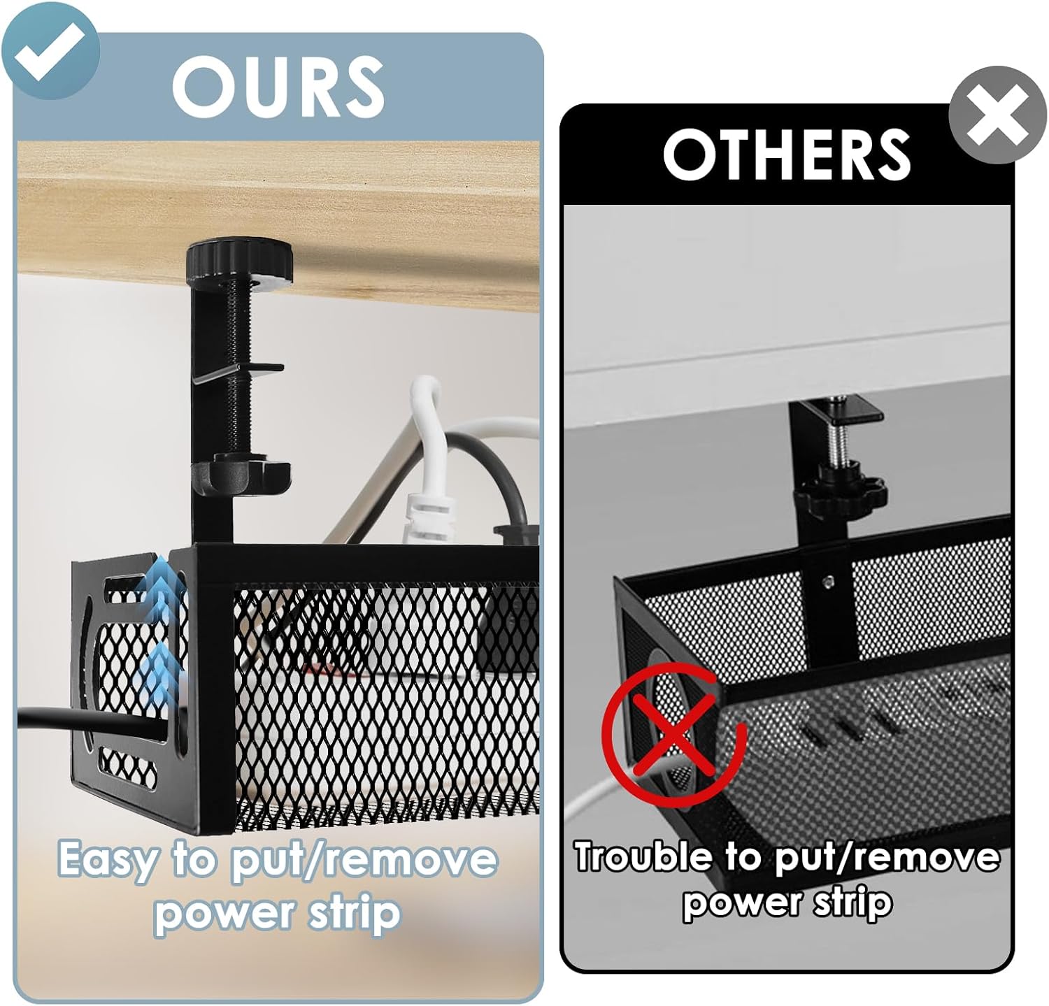 Cable Management, 25'' Cable Management Under Desk No Drill, Metal Cord Organizer with Clamp for Standing Desk, Cable Organizer for Home Office, Black - Image 5