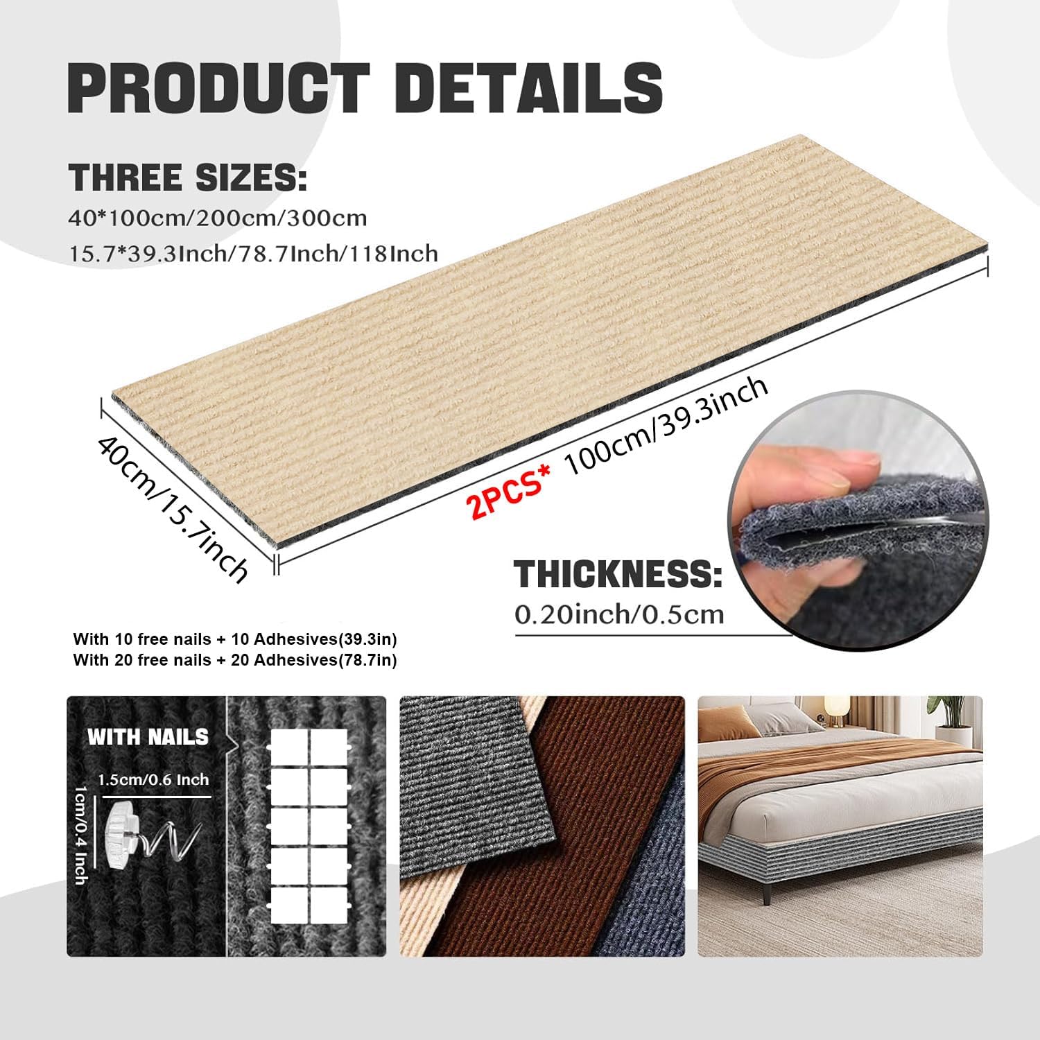 Cat Scratching Carpet Mat, Self-Adhesive Trimmable Cat Climbing Post Covered Pad Replacement for DIY Cat Tree Shelf Steps Couch Corner Wall Cat Scratcher Furniture Protector (Khaki, 78.7x15.8Inch) - Image 2